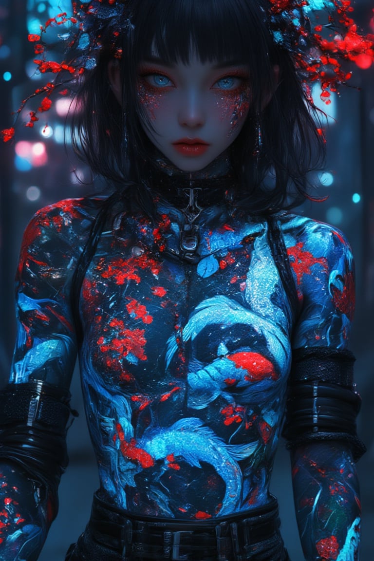 1 girl, gothic emo girl, long black hair and piercing blue eyes, sickly white skin, nose piercing, she wears a black lace corset, luminous body tattoos, Japanese tattoos, red cherry blossoms on her skin and blue koi fish intertwine across her body covered in glowing cyber tattoos with Japanese motifs,background highlighting the brightly glowing tattoos of neon blue and red backlighting, highly detailed,ct-identity,tron legacy style,glowingstyle,Midjourney_Whisper,TattooMale