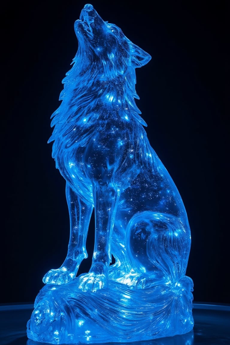 Translucent ice resin figure of a howling wolf, illuminated from within. Intricate details capturing the wolf's fur, facial features, and muscular structure. Figure posed with head tilted upward, mouth open in a howl,

Blue LED lights embedded inside, creating an ethereal glow that mimics the starry effect in the original image. Light diffuses through the semi-transparent resin, highlighting the wolf's form and creating a celestial atmosphere,
Tiny fiber optic strands integrated throughout the sculpture, representing stars and cosmic energy. These strands extend beyond the wolf's outline, suggesting a connection with the universe.
Base of the figure designed to resemble a swirling galaxy, with embedded lights and glitter to create depth and movement,
Resin mixed with subtle shimmering particles to enhance the magical, star-like quality when lit. Varying degrees of transparency in different parts of the sculpture to control light diffusion and create depth,
Overall effect: A stunning, three-dimensional interpretation of the cosmic wolf image, blending the beauty of ice sculpture with the technological possibilities of resin casting and LED lighting.