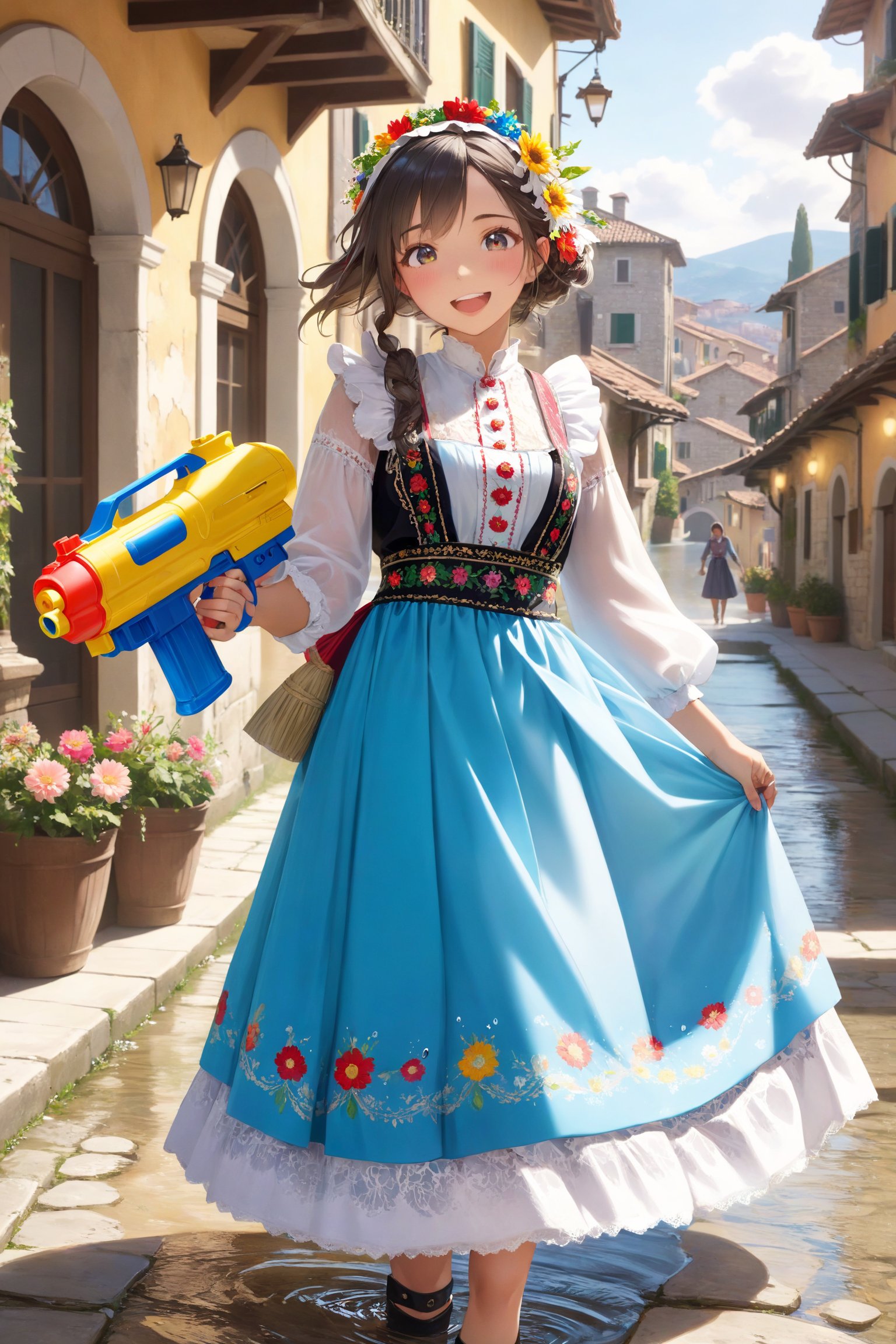 1Girl,Playful Italian girl, in traditional folk costume ,wielding colorful water gun,Ornate embroidered bodice, flowing skirt with regional patterns, lace-trimmed apron. Hair adorned with floral wreath. Joyful expression as she sprays water. Sunlit Italian village square background, ancient stone buildings. Puddles reflecting sky. Dynamic pose, water droplets sparkling mid-air. Blend of tradition and modern fun. Vibrant colors, hyper-realistic details in costume and water effects