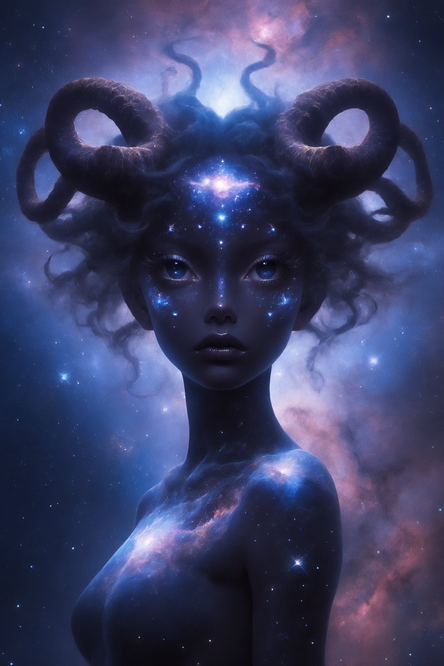 1 girl, (melanism), melanism demon girl,((slit pupil eyes)),solid black skin, mesh fishnet blouse,  (soft expression), Depth and Dimension in the Pupils, So beautiful eyes that Has deep clear eyes, detailed eyelashes,long intricate horns:1.2),Incredibly beautiful looks,girl entire body is overlaid with the cosmic wonders of outer space,Envision her seamlessly merging with galaxies, stars, and nebulae, creating a surreal and ethereal appearance. Capture the celestial glow and intricate cosmic patterns enveloping her entire figure. Optimize for a visually captivating composition that conveys the harmonious fusion between the woman and the vast beauty of the universe, resulting in a mesmerizing and otherworldly cosmic entity,