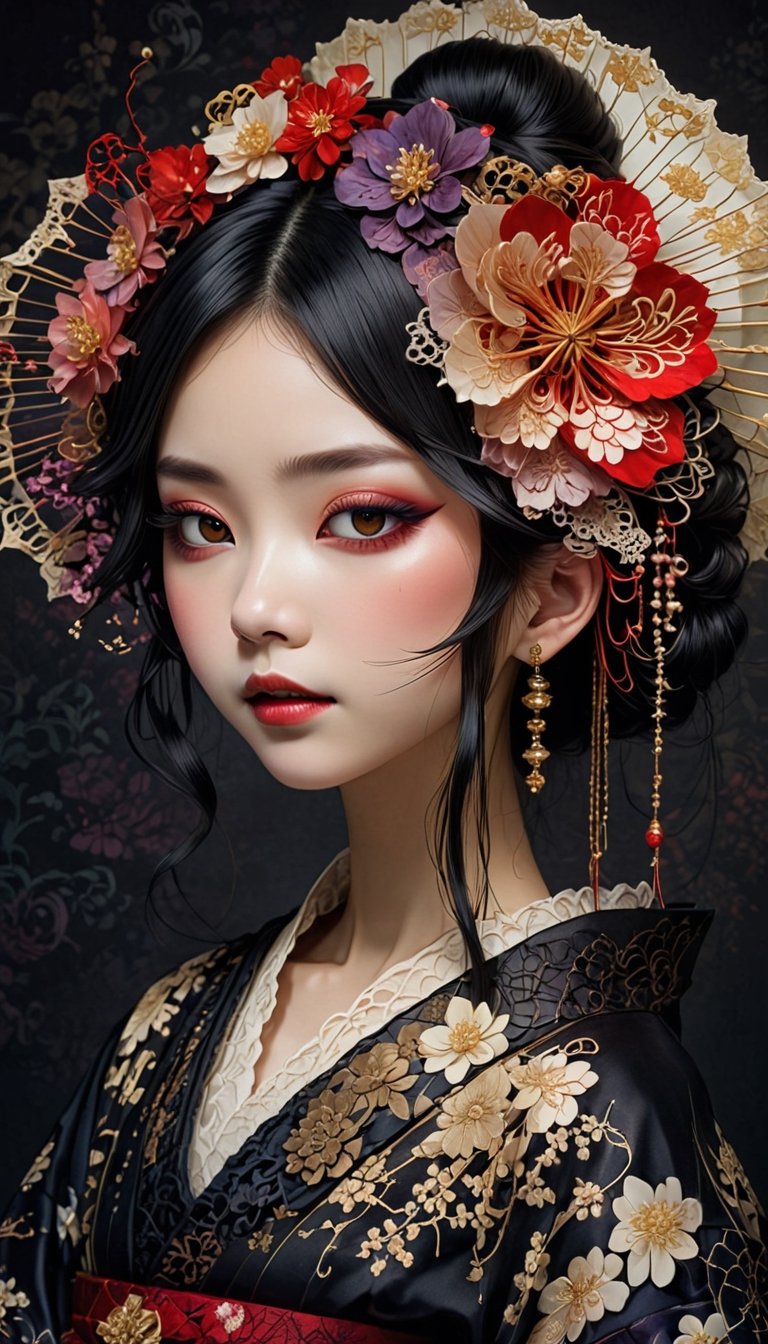 1girl.Envision a fusion of traditional Japanese aesthetics and Gothic Lolita fashion, where elegant kimono silhouettes intertwine with the dark allure of Gothic elements. Picture elaborate, lace-trimmed kimonos in deep, rich colors adorned with ornate obis and corseted bodices,Accessories like parasols with lace and ribbons add a Victorian touch. Intricate hairpieces blend traditional tsumami kanzashi with gothic motifs,
The color palette leans towards deep purples, blacks, and blood-reds, creating a striking contrast against the delicate fabrics. White face makeup and dark, dramatic eye makeup complete the look, blending the grace of traditional Japanese beauty with the mysterious elegance of Gothic fashion,
 result is a captivating and unique style that seamlessly merges the opulence of Japanese tradition with the dark romanticism of Gothic Lolita,Victorian ,dal