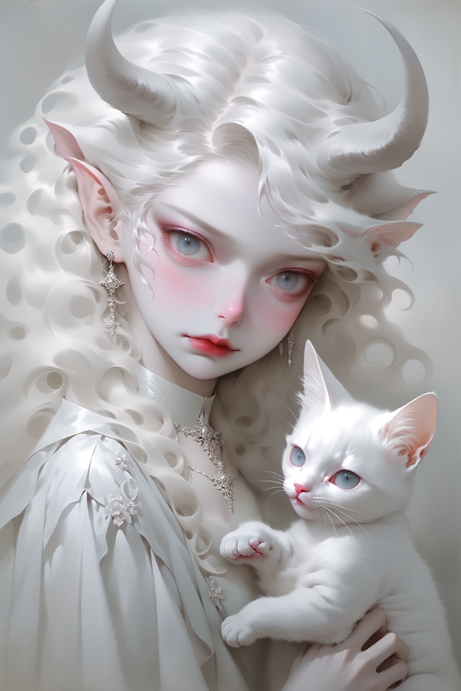 (full body),(long intricate horns:1.2) ,albino demon girl with enchantingly beautiful, alabaster skin,
A benevolent smile,girl has Beautiful deep black eyes,soft expression,Depth and Dimension in the Pupils,
Her porcelain-like white skin reflects an almost celestial glow, highlighting her ethereal nature,Every detail of her divine lace costume is meticulously crafted, adorned with jewels that sparkle with a divine radiance,
 holding white cat,

Capture the subtle intricacies of the lacework, emphasizing the delicate patterns that complement her unearthly features. From the curve of her horns to the flowing elegance of her dress, every aspect contributes to an aura of supernatural allure. The jewels, carefully placed, create a mesmerizing dance of light that enhances her divine presence,

Consider the composition to portray her in a setting that complements her celestial beauty, whether it's a moonlit garden or a mystical realm, Illuminate the scene with soft, enchanting light to accentuate the magical and mysterious atmosphere,The overall goal is to evoke a sense of wonder and captivation, celebrating the unique and transcendent beauty of this albino demon girl,
,goth person