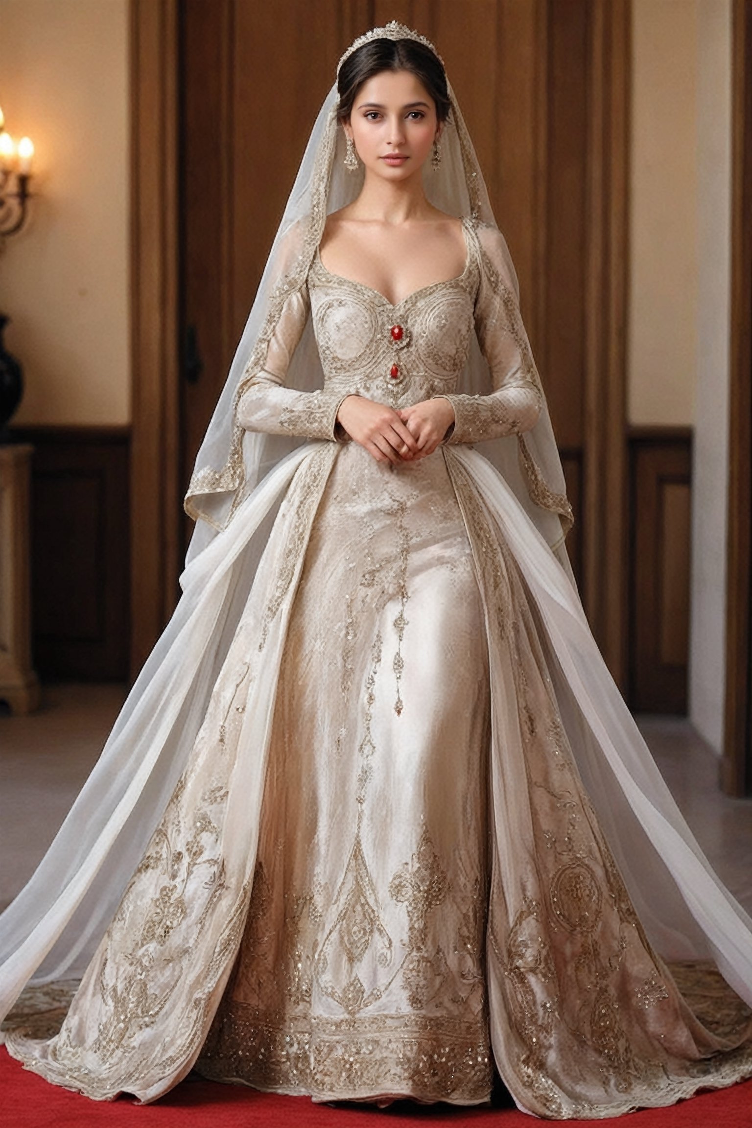 Breathtakingly beautiful  European women, the bridal gowns of the European women are a stunning fusion of Pakistani bridal attire and the opulent elegance of early modern European aristocracy, with vibrant colors and intricate embroidery blending into the sumptuous fabrics and structured silhouettes of European nobility.

Her alabaster skin contrasts with the rich hues of her attire, enhancing her ethereal presence. As she moves, the fabric of her dress flows like liquid silk, hinting at the supple grace that lies beneath.,dongtan dress,Ba11g0wn , b4b1