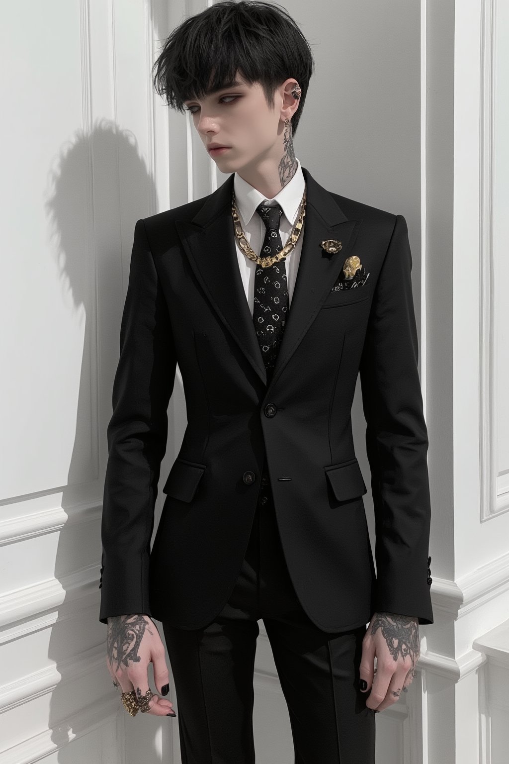 Solo,Real,nasty man, aesthetic French gentleman, emo aristocratic style, short hair,eye shadow,emo Gothic makeup, chic black business suit with polka dot tie, 
black manicure finger,(luxury golden lapel pin chain), Flower handkerchief in chest pocket, Slender man with long legs and tall stature,Handsome boy,lyh,dal,gothic-chic_style