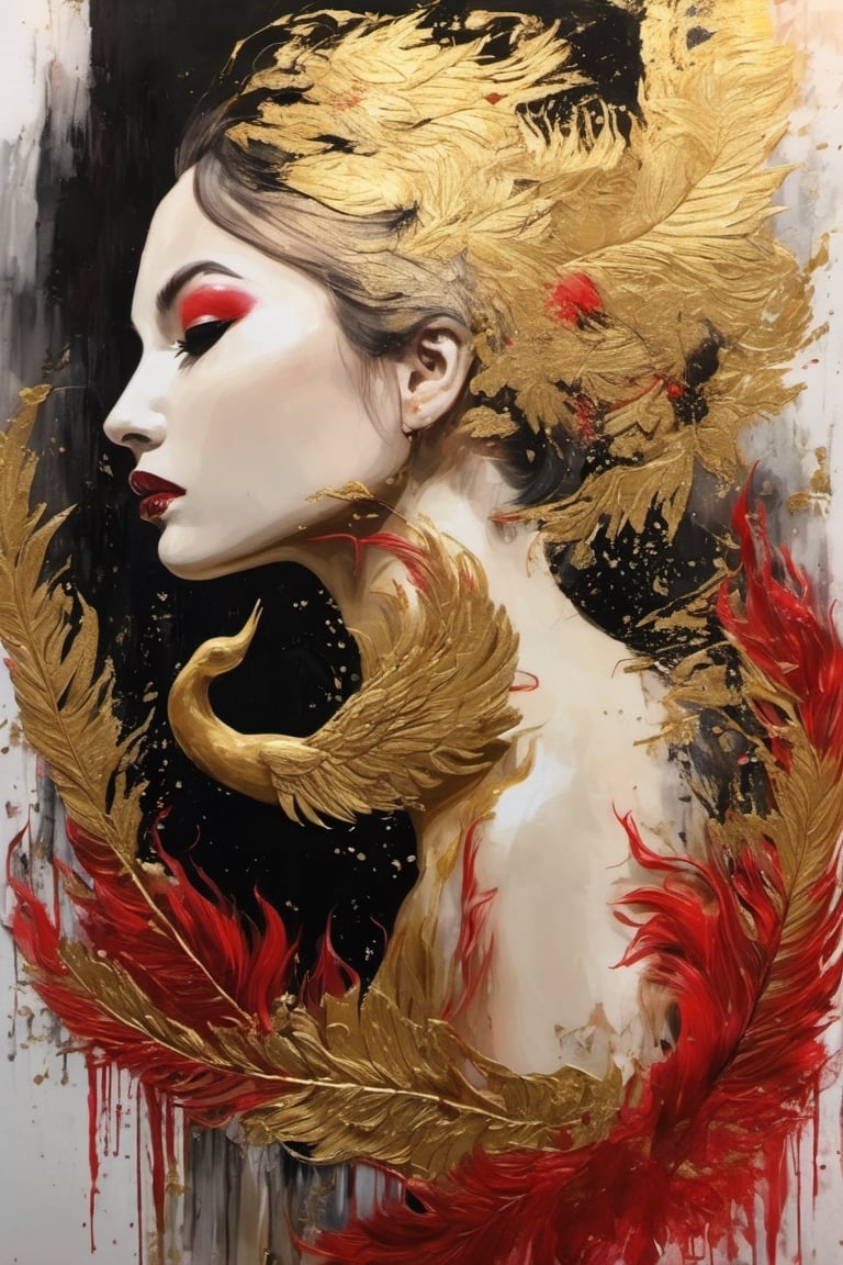 gold leaf painting,
beautiful vampire,blurred eyes,swan feathers, bright, pastel, exotic atmosphere, complex embroidery, meticulous brushwork,  Drips golden paint,flow of black and red ink,