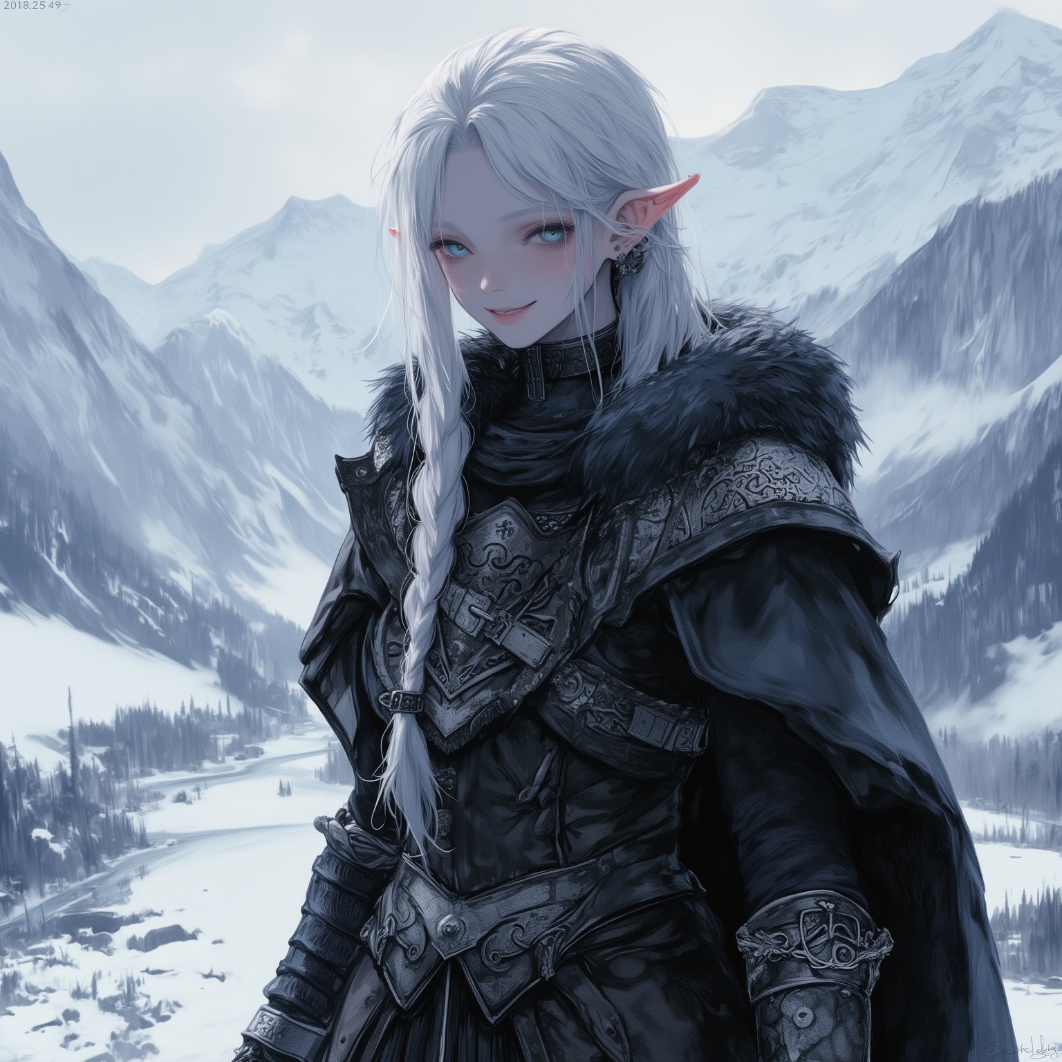 
Extreme detailed,ultra Realistic, beautiful young ELF lady,platinum silver shining hair, long elvish braid, side braid, blue-grey eyes,elf ears, Wearing Celtic leather Armor, hooded cloak, animal fur hood, intricate clothing, animal fur clothing, dark clothing, waistband, scarf, soft smile, bending posture, looking into the distance, snowy mountain scenery, overlooking valley, river, white clouds,