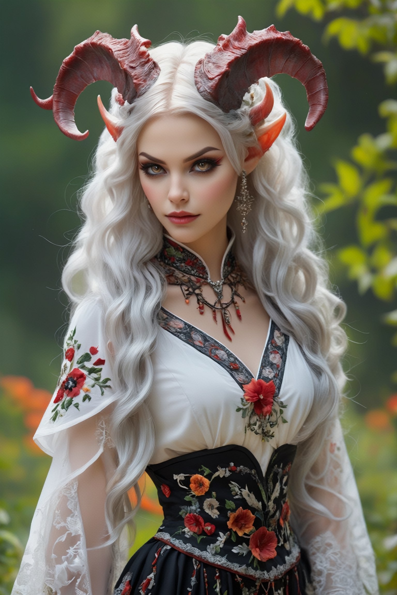  Succubus girl,Demon horn,(Demon Wings),
 adorned in exquisite Ukrainian traditional attire, captivates with her ethereal beauty. Her flowing embroidered blouse, adorned with intricate patterns and delicate lace, perfectly complements her voluminous embroidered skirt, which sways gracefully with every movement. A vibrant floral wreath adorns her flowing platinum hair, adding a touch of natural eleg,DonM1i1McQu1r3XL,DonMP4ste11F41ryT4l3XL,ct-niji2