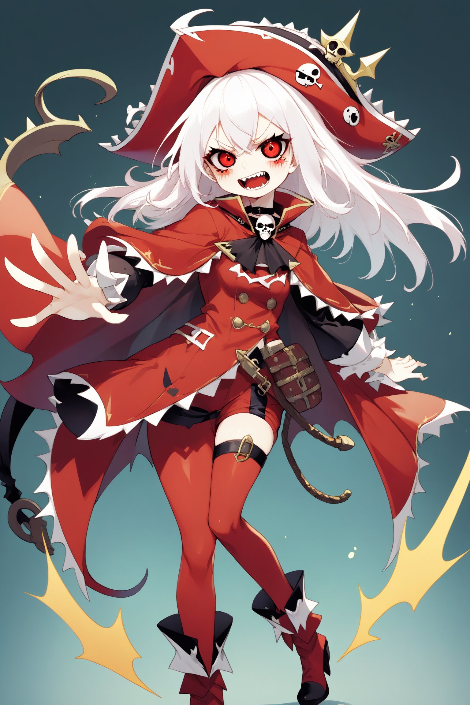  g hikorou style,
1Girl,Comical anime,evil female commander, pirate captain motif,Bright red suit, flowing cape, Long white hair, spiky bangs. Sharp eyes, mischievous grin with pointy teeth. Oversized pirate hat, eyepatch with skull design. Golden hook hand, ornate peg leg. Parrot sidekick on shoulder. Exaggerated hourglass figure, dynamic pose. Surrounded by cartoony effects. Cel-shaded style, bold outlines. Vibrant colors. 8K resolution, focus on facial features and outfit. Blend of villainy and comedic charm in anime aesthetics,
devilot_de_deathsatan