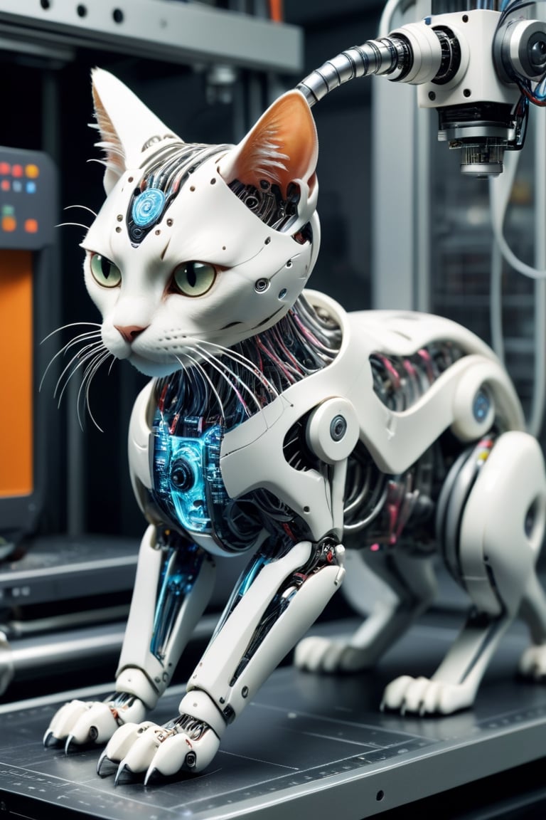 a cyborg cat being produced by a colossal 3D printer. Envision the intricate details as the cybernetic elements are seamlessly integrated into the feline form. Emphasize the technological and futuristic aspects of the scene, with the 3D printer in action and layers of cyber enhancements taking shape. Consider a dynamic composition that showcases both the advanced technology and the whimsical combination of a cat and cybernetics.",Robot factory