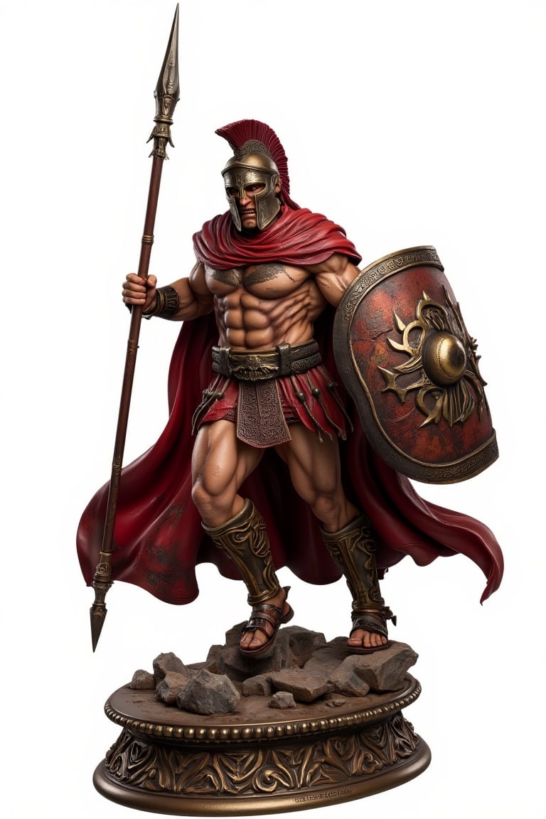 A meticulously crafted, high-end custom figure of a powerful Spartan soldier in mid-battle pose. The figurine showcases stunning detail in the muscle definition, with every sinew and vein meticulously sculpted. The soldier is clad in authentic Spartan armor, with a gleaming bronze chest plate, intricately carved greaves, and a flowing crimson cape. The helmet features a menacing crest, and the weathered shield bears the iconic Spartan Lambda symbol. The soldier holds a long, ornate spear in one hand and a battered, scarred sword in the other. Every aspect of the armor, from scratches to battle damage, is rendered in painstaking detail, making this Spartan soldier appear as if frozen in a dynamic, action-packed moment of history.,resin,White background