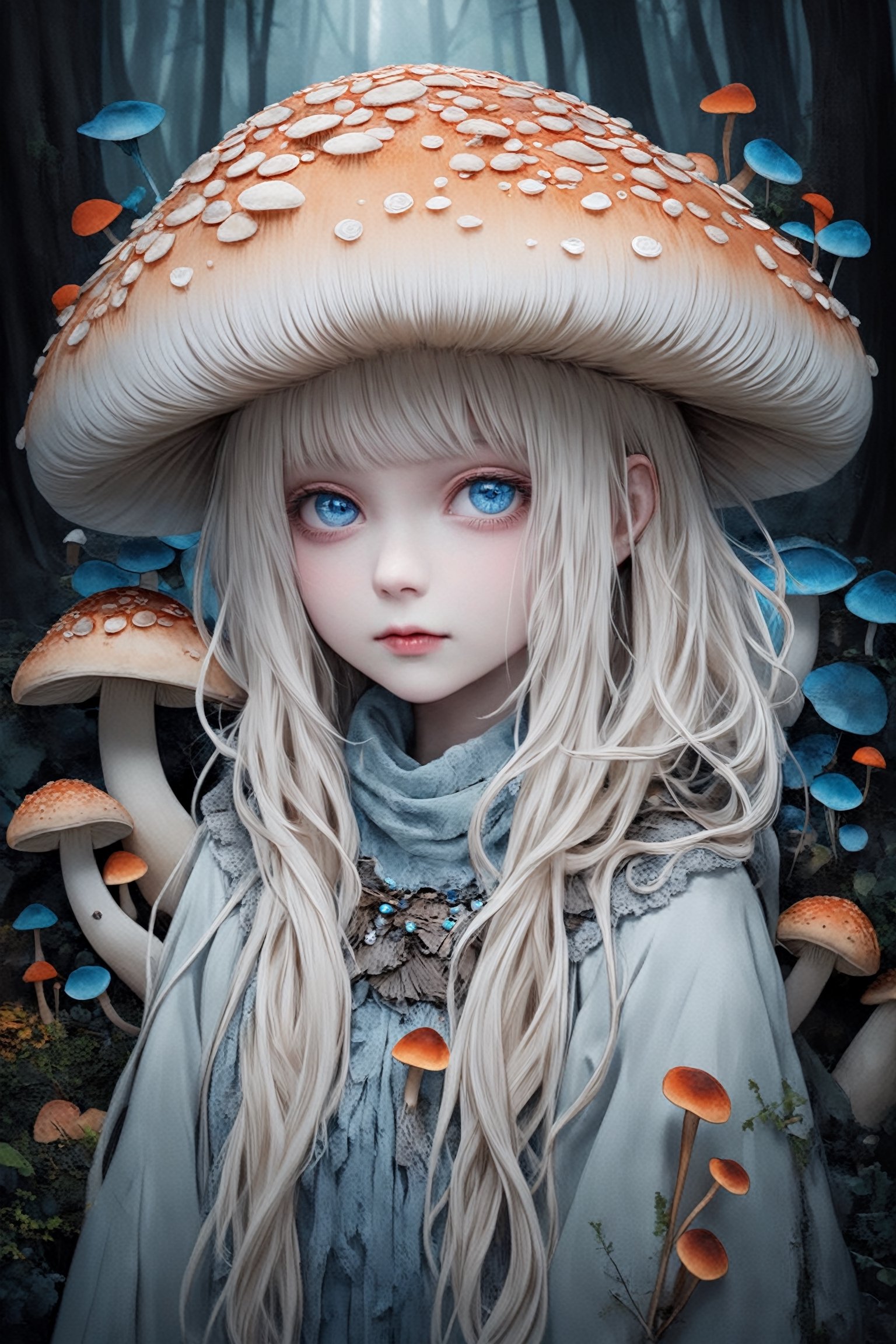 albino mushroom girl, mushroom Head,
stands amidst the tranquility,Adorned with soft, pale-colored petals resembling mushroom caps and delicate mycelium cascading from her hair, she exudes ethereal beauty.,Her eyes silver or pale blue, convey mystery and wonder as she moves gracefully through the enchanted landscape, Surrounded by vibrant colors and playful woodland creatures, she embodies the magic and wonder of nature's hidden treasures.",mushroomz,dal