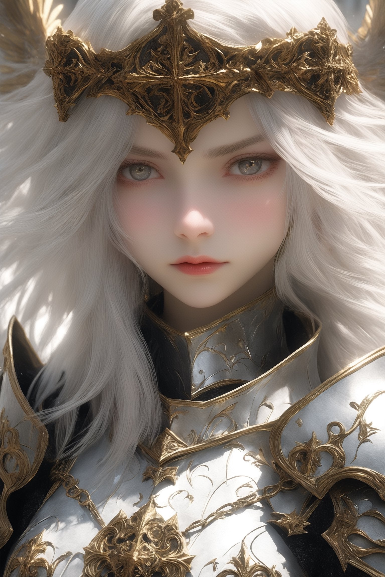 ultra Realistic,Extreme detailed,
1 girl, (masterful),((albino drow angel girl)),silver hair, slit pupil eyes,
girl Wearing Medieval black Knight Armor,Gold carved full plate Armor,
 best quality, highest quality, extremely detailed CG unity 8k wallpaper, ,ExStyle