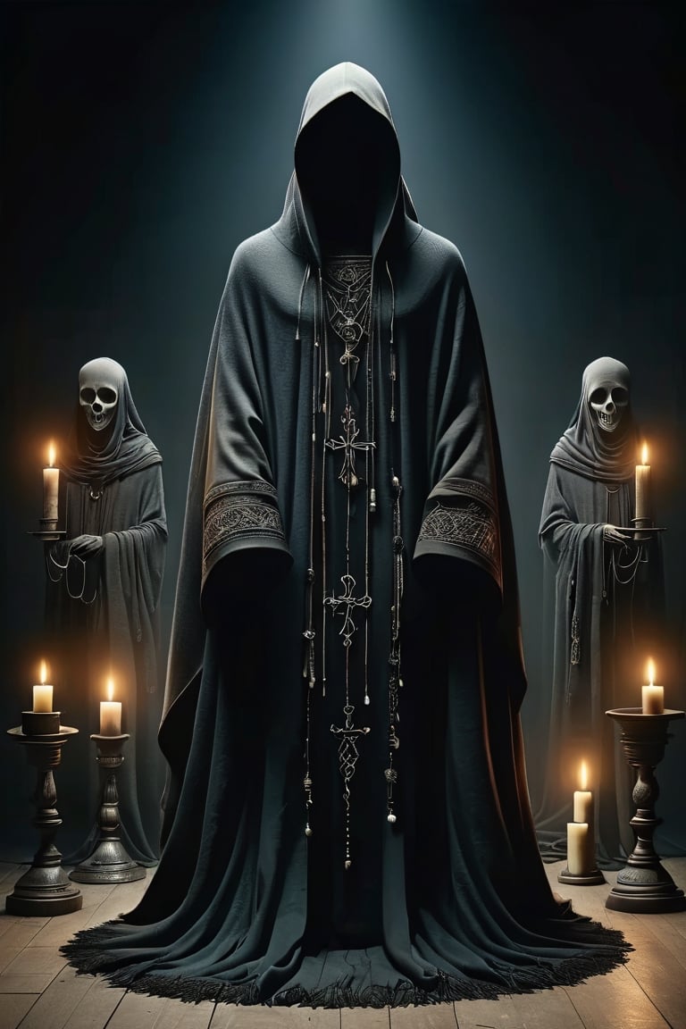 Traditional Slavic embroidery, mannequin dressed in weathered cloak, ((face hidden in shadow:1.8)), face almost invisible behind robe,Pagan Sherman, only long beard visible, symbol of paganism, disastrous dark rituals,Hollow,Candelabra, candles, magic circle,Altar of Paganism,
black wire mannequins
