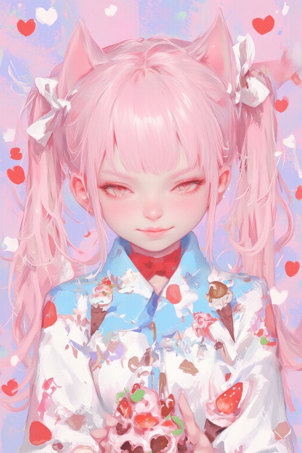 Vibrant colorful anime-style illustration,  cheerful cat girl, long pink hair and cat ears,She's winking playfully, 
round eyebrows,
Wearing a light blue and white outfit with red bow tie,strawberry cake, ice cream cones, and musical notes. Background filled with pastel pink and purple colors. Kawaii style, highly detailed, digital art,Playful and energetic atmosphere. Chibi style elements. Sharp, crisp lines. Bright, saturated colors. 2D art style.,dal style,animaport,lyh,lyh_niji