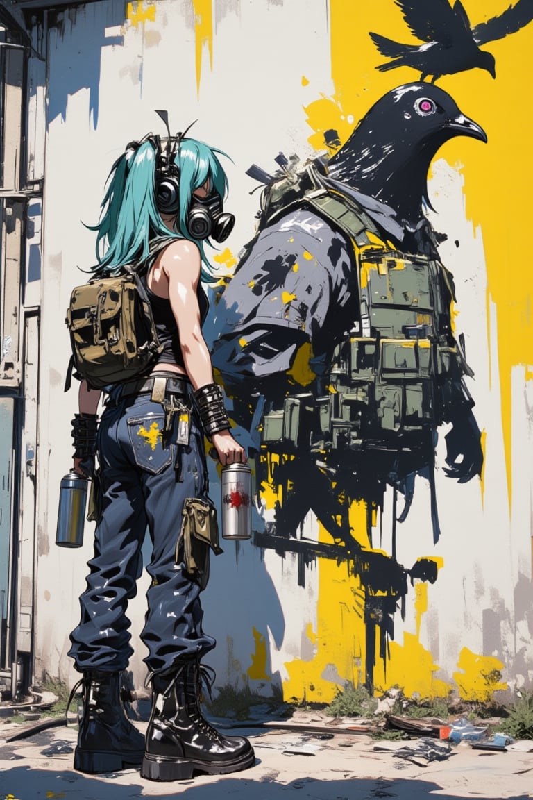 anime Style, Hatsune Miku, as a Banksy-like street artist, in progress, wearing her signature blue-green twintails and a sleeveless top, but with ripped jeans and combat boots. He holds a spray can in both hands, ready to paint. Gas masks covering the mouth and nose, creating a large mural stenciled onto a concrete wall on the street. The mural depicts a provocative Banksy-esque social commentary image, a pigeon wearing a bulletproof vest. Splashes of bright spray paint contrast with the dim background. High contrast, sharp details. 4K resolution.,acryli painting