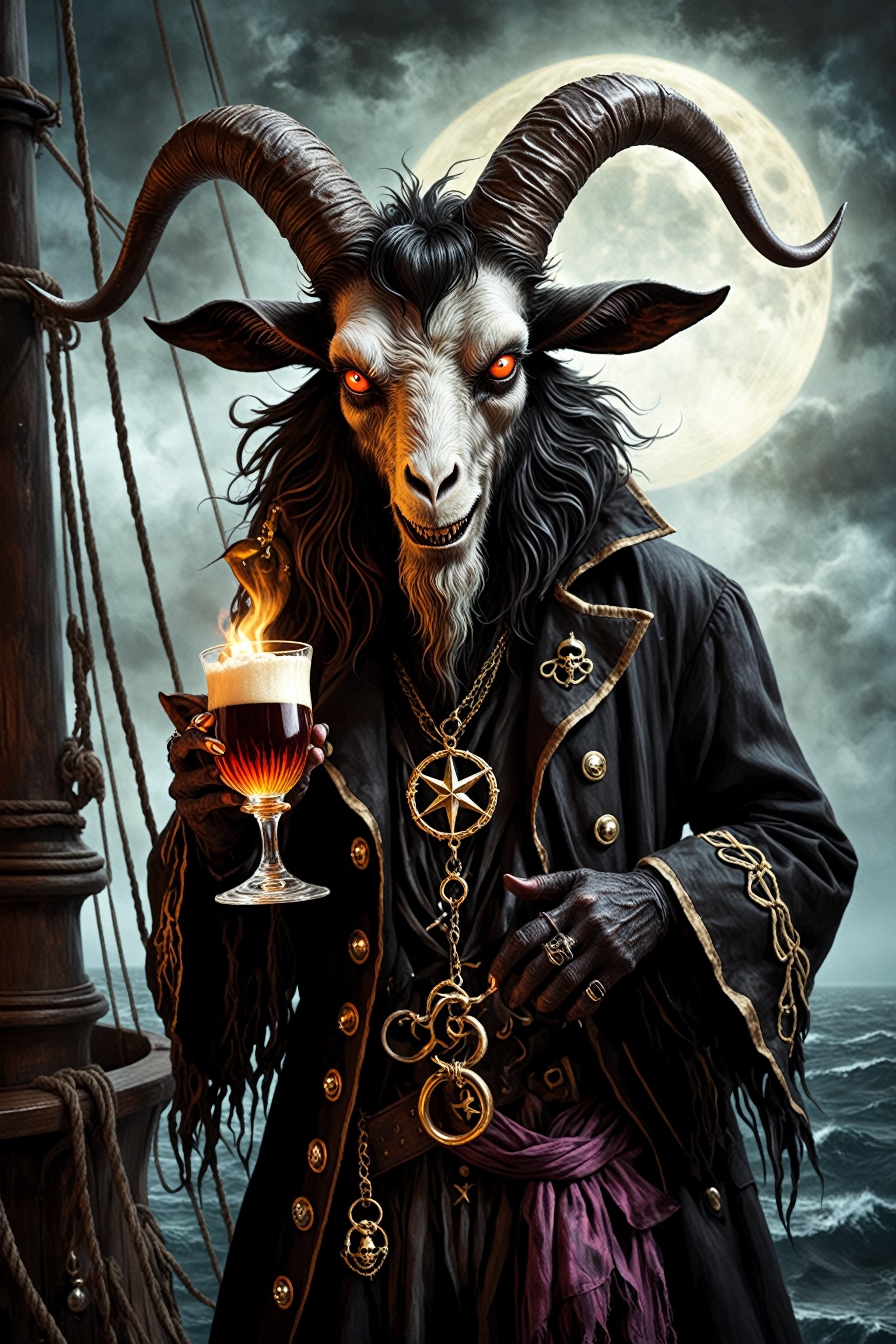 1 man,cool monster,maximum detail,
Baphomet, a demonic being, black goat head demon, a demon dressed as a pirate, a pentagram painted on it and a tattered coat, exuding a sinister mystery, with glowing eyes and a twisted smile, Baphomet holds a chalice filled with an otherworldly brew. Prowling the deck of a bewitched ship, Baphomet embodies the sinister allure of the pirate and his eternal hunger for souls..,LegendDarkFantasy,pirate,monster, in the style of esao andrews