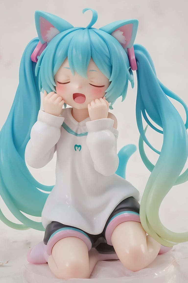 1girl,PVC,Hatsune Miku Resin Figure, poses cutely while yawning loudly. Hatsune Miku has blue-green twin tails with cat-like ears and wears a white long-sleeved shirt with a small Miku logo on the chest. Miku is also wearing black shorts with soft pastel stripes and thigh-high socks,open eyes,
 Her eyes and mouth are slightly open, making her look sleepy. The background has a soft and minimalist atmosphere, giving her an adorable look and a cozy feeling. Masu. Emphasizes a relaxed atmosphere. ,lyh,ATRFX,resin