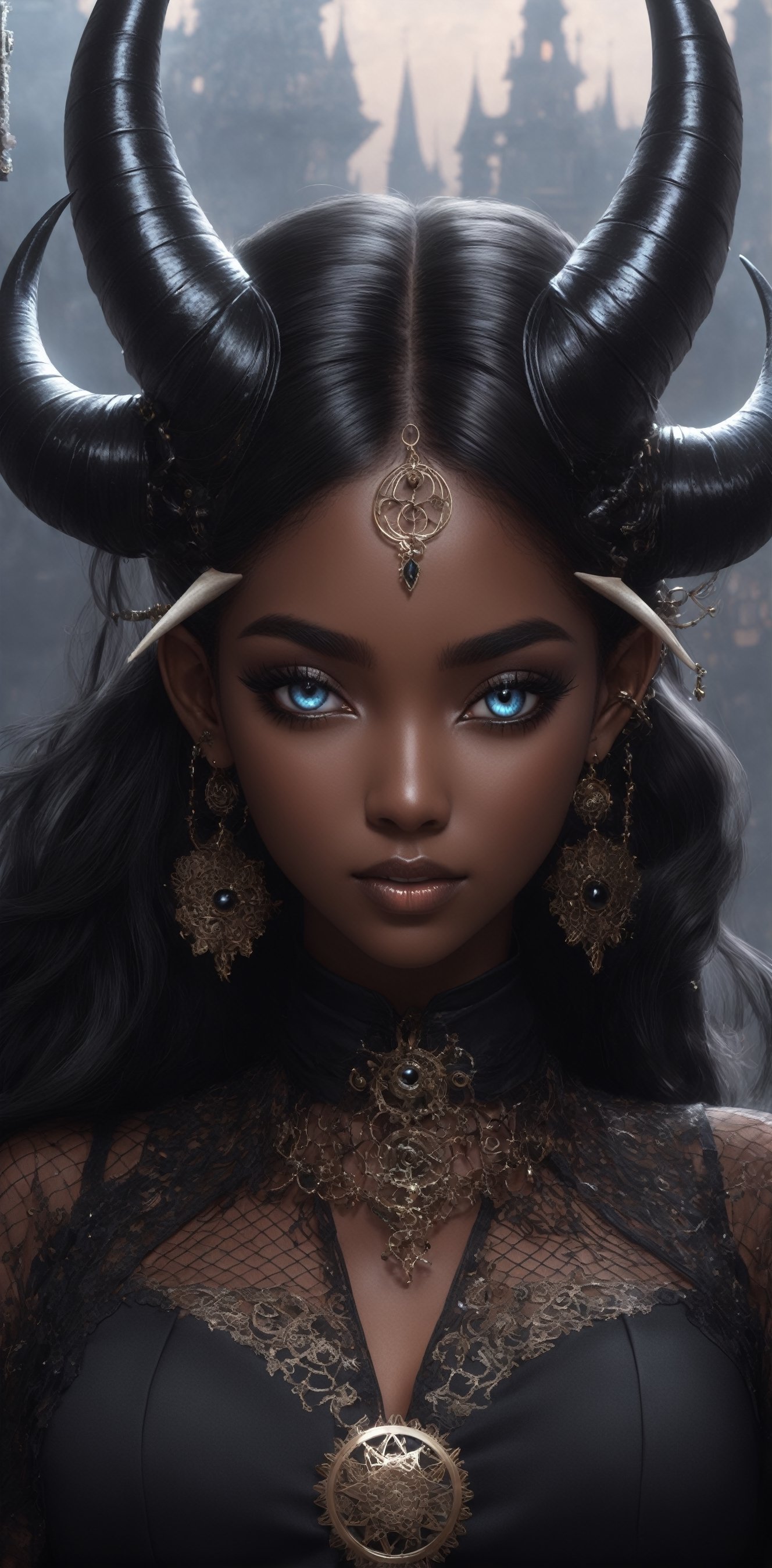 1 girl, (melanism), melanism demon girl,((slit pupil eyes)),solid black skin,
mesh fishnet blouse, (long intricate horns:1.2),Incredibly beautiful looks,
best quality, highest quality, extremely detailed CG unity 8k wallpaper, detailed and intricate, 
,steampunk style,Glass Elements