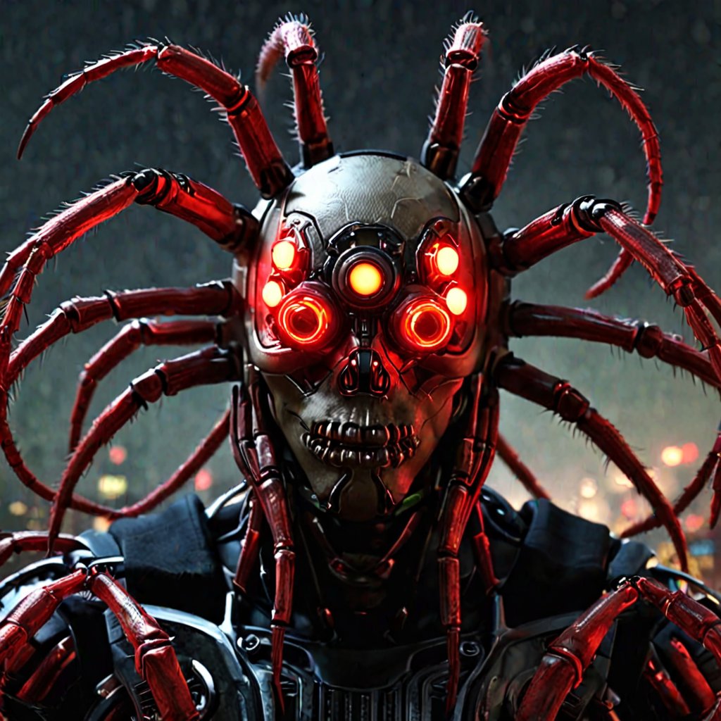 High tech cybernetic 
tarantula,multi Eyes,Glowing red mechanical eyes, creepy eight-legged spiders, high-tech cybernetic bodies, danger,,cpfmask_xl-smple, cpfmask_xl-cmplx,xl_cpscavred