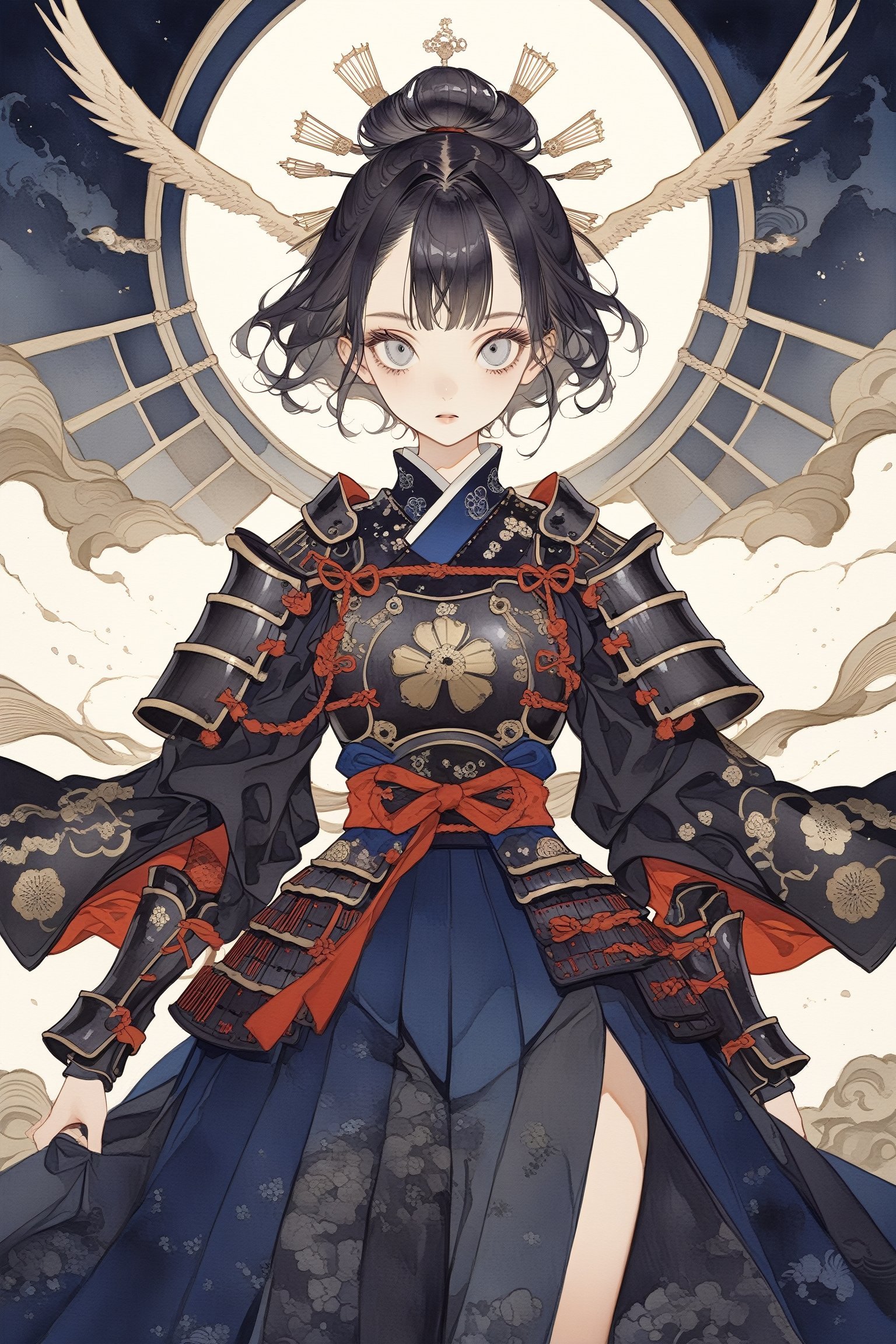 1girl,cute FaceShe wears gothic style samurai armor, has long slit eyes, mysterious, narrow and captivating eyes, combines gothic elements with traditional Japanese armor, and wears a dark blue hakama.
, the design blends elegance and strength, depicting her as a warrior princess, warrior, samurai, and emo,Realistic Blue Eyes,Inutade