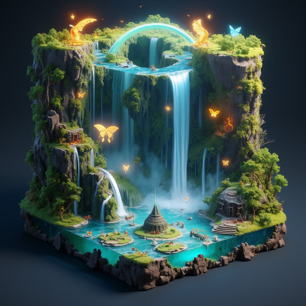 Isometric diorama of a fantasy world's massive waterfall. Cube-shaped vignette, 30cm wide. Multi-tiered waterfall cascading from floating islands. Lush vegetation, exotic flowers in vibrant colors. Curved rainbow arching over the falls, refracting light. Swarm of golden butterflies with glowing wings, leaving trails of sparkling dust. Crystal-clear pools at the base with miniature merfolk. Tiny fairy houses nestled in tree hollows. Ancient ruins with mystical runes scattered throughout. Floating lanterns and will-o'-wisps providing magical illumination, Hyper-detailed vegetation and water effects. Tilt-,noc-isometric,Photorealistic miniature art style