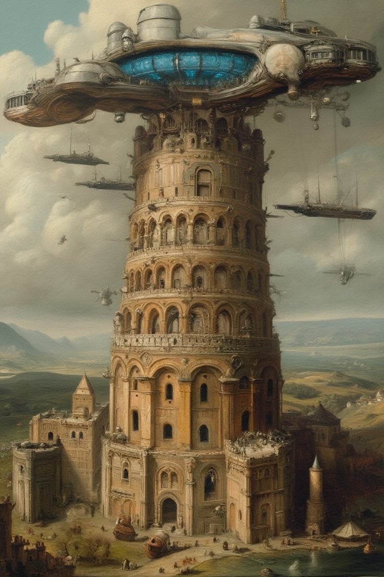 Bruegel-style painting of the Tower of Babel. Massive, spiraling structure dominating landscape. Intricate architectural details, arches, windows. Warm earth tones, beige and brown stonework.

Surrounding scene: Bustling activity, tiny human figures, ships in harbor. Lush green landscape, distant hills, cloudy sky.

New element: Enormous floating construction machine above tower. Sleek, futuristic design with multiple robotic arms, hovering platforms. Metallic body contrasting with ancient architecture. Emits soft blue glow.

Style: Maintain Bruegel's meticulous detail and panoramic view. Blend futuristic machine seamlessly into composition, as if always part of the scene.

Lighting: Soft, diffused light on tower and landscape. Subtle highlights on floating machine to emphasize otherworldly presence.

Mood: Juxtaposition of biblical legend and advanced technology creatin,oil-on-canvas style of classic painting,AbmoilPainting