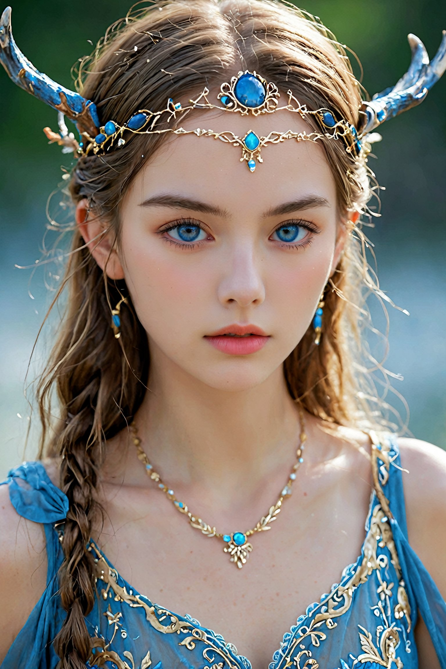 ancient Nordic legendary Young elf,(elf ear),(She wears a crown adorned with intricately carved antlers:1.2),mysteriously blue eyes, adding an air of mystique and wisdom. Her attire is a flowing ancient Germanic dress, crafted from natural fabrics and decorated with detailed embroidery and runic symbols. The dress features earthy tones and elaborate patterns that reflect her deep roots in nature and lore.,Lace Blindfold,IMGFIX,zavy-hrglw,Realistic Blue Eyes,gl1tt3rsk1n