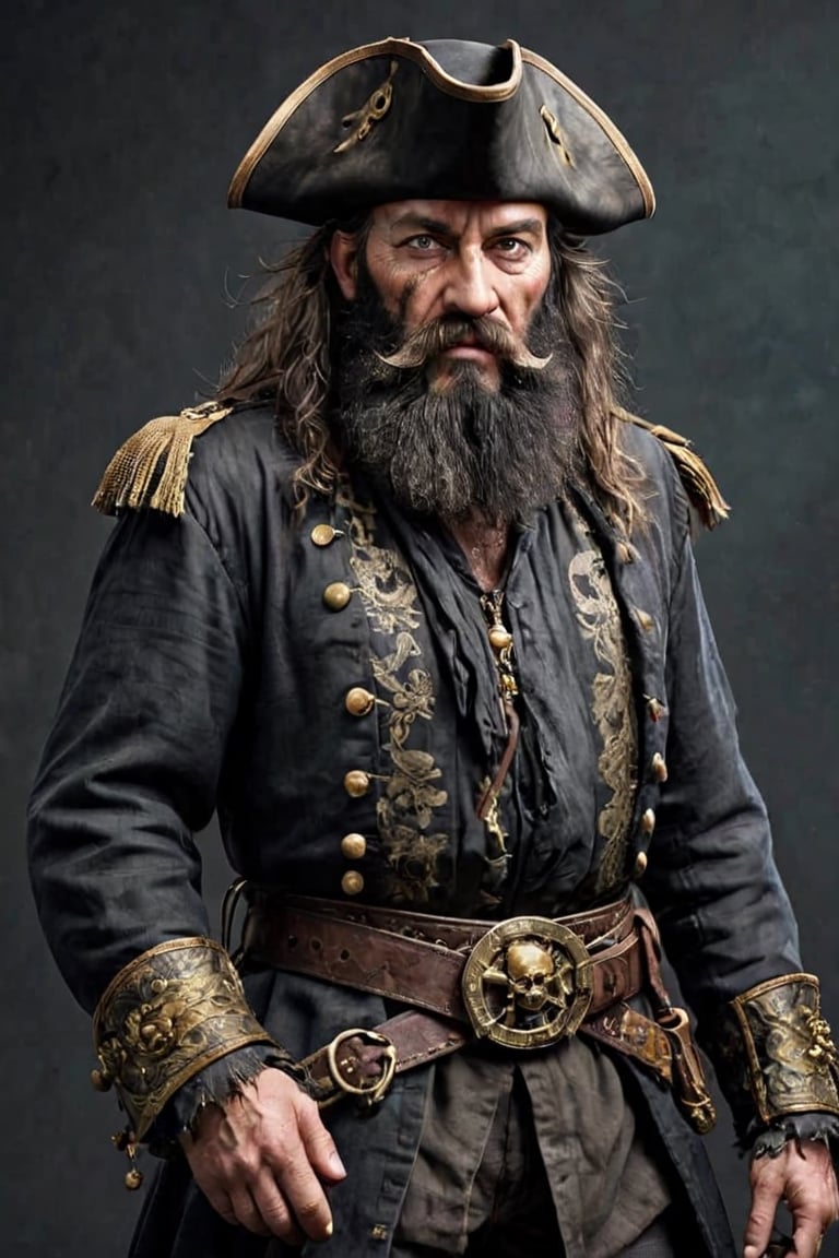 ultra-realistic,Pirate Blackbeard, elder pirate captain,(much wrinkled face), hard-boiled,Black-rimmed eyeliner,((very very long black beard)),Dirty coat, Luxury feathered tricornered hat,emaciated body, single-minded in respect and fear, dressed in dark shades of Renaissance-style aristocratic clothing, dirty cuffs, gun belt, knee-length boots, wearing intricately crafted ornaments and decorated with numerous gold ornaments,Handsome male,with a beard,pirate,Leonardo