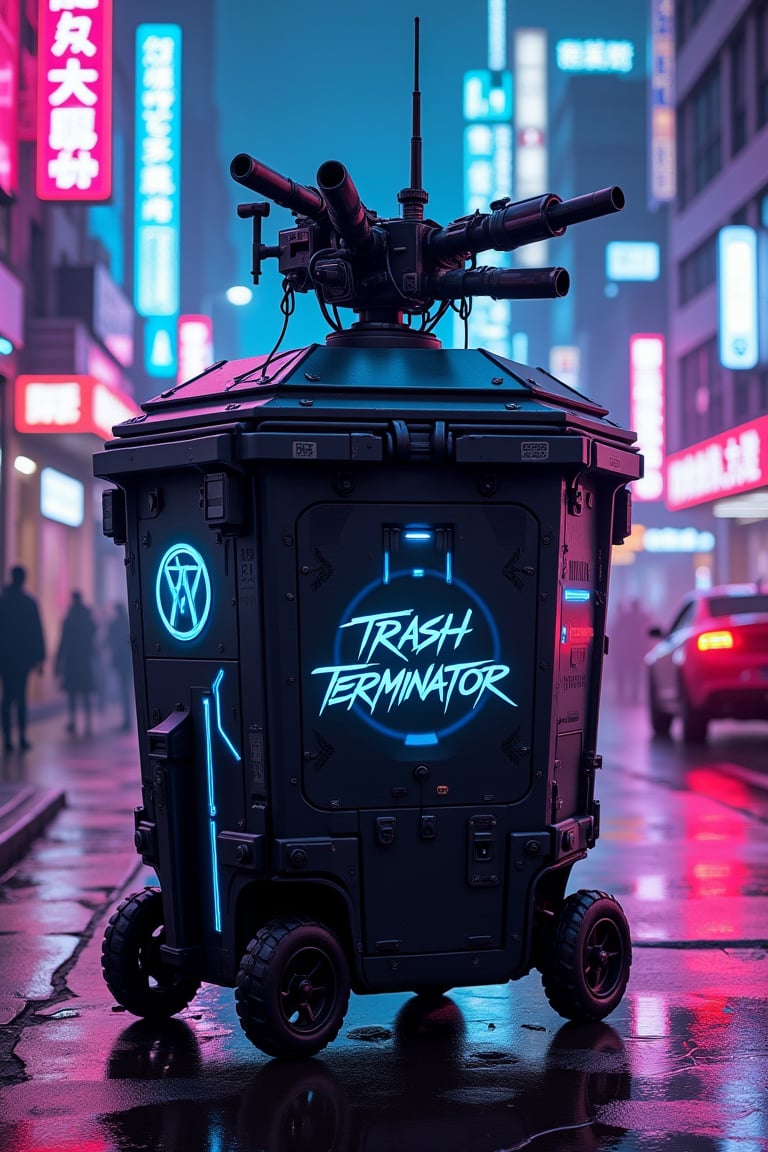 Cyberpunk weaponized garbage bin on a neon-lit city street. Sleek, matte black hexagonal body with glowing blue power lines. Top half transforms into a formidable rotating gun turret.

Multiple barrels emerge from the lid, ranging from minigun to plasma cannon. Holographic targeting system hovers above. Armored panels slide open to reveal missile launchers.

Lower half retains waste disposal functionality, with a high-tech compactor and matter converter. Robotic arms for trash collection retract into sides.

Wheels equipped with omni-directional hover technology. Small antenna array for AI-driven threat detection.

Graffiti-style "TRASH TERMINATOR" emblazoned on side. Scarred metal surfaces show battle damage. Faint smell of ozone and burnt refuse.

Hyper-detailed tech-noir style. Gritty textures contrast with clean futuristic elements. Dramatic lighting emphasizes menacing silhouette against neon-soaked background.,cyberpunk,trashv1