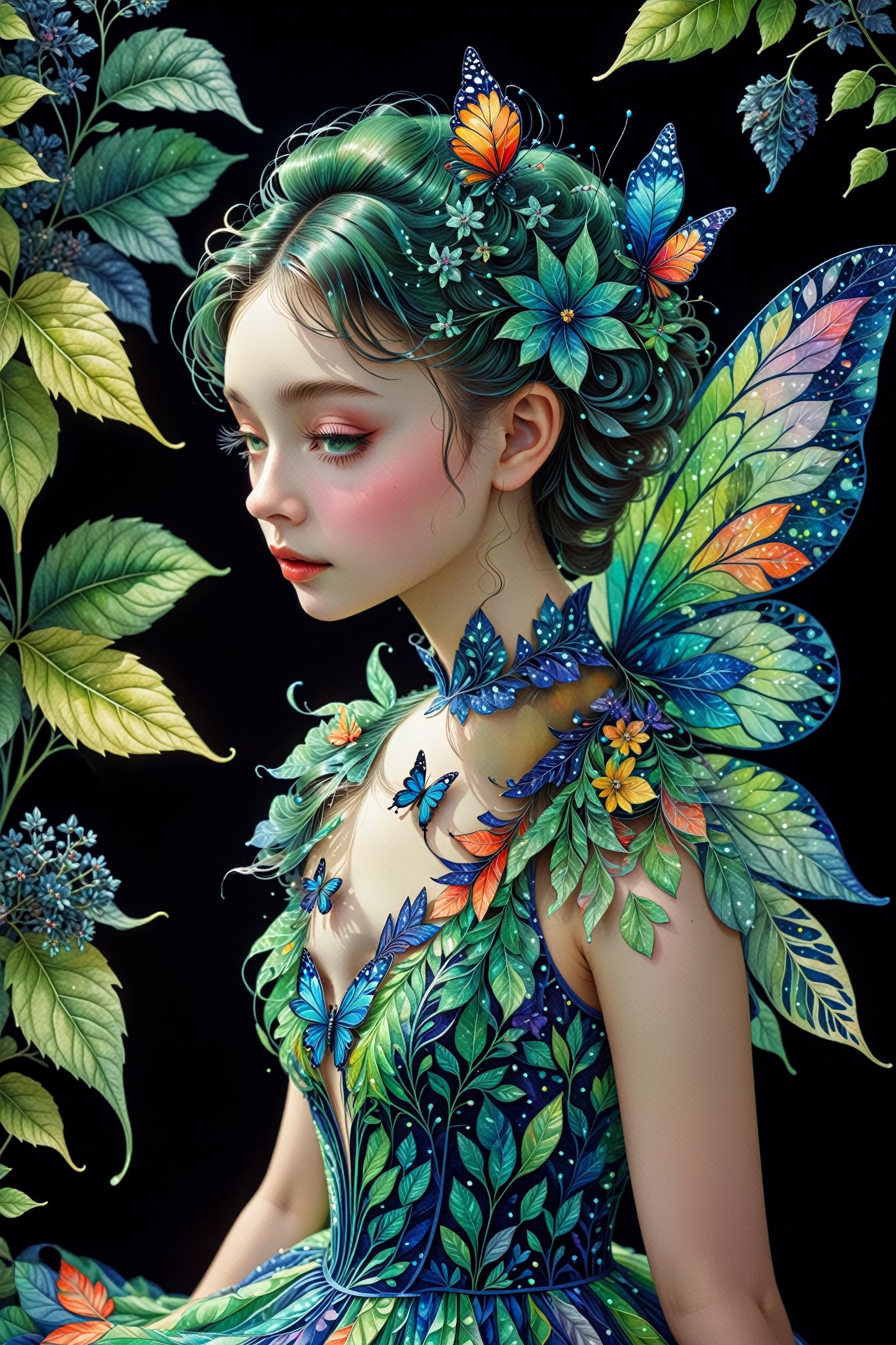 Unbelievably delicate technique, elaborate paper cut-outs,
1girl, Fairy Queen, Beautiful Aesthetic, Intricate Detail, Super Detail, Artistic, Fantastic, Vintage Style, (Cobalt Green, Watercolor),Colorful, Minimal,  (Glamourous Fairy) , Eyelashes, Attractively Athletic, leaf dress, flower, butterfly, plant, (fractal art, colorful pattern, zentangle:1.1) ,sit, ,DonMF41ryW1ng5XL