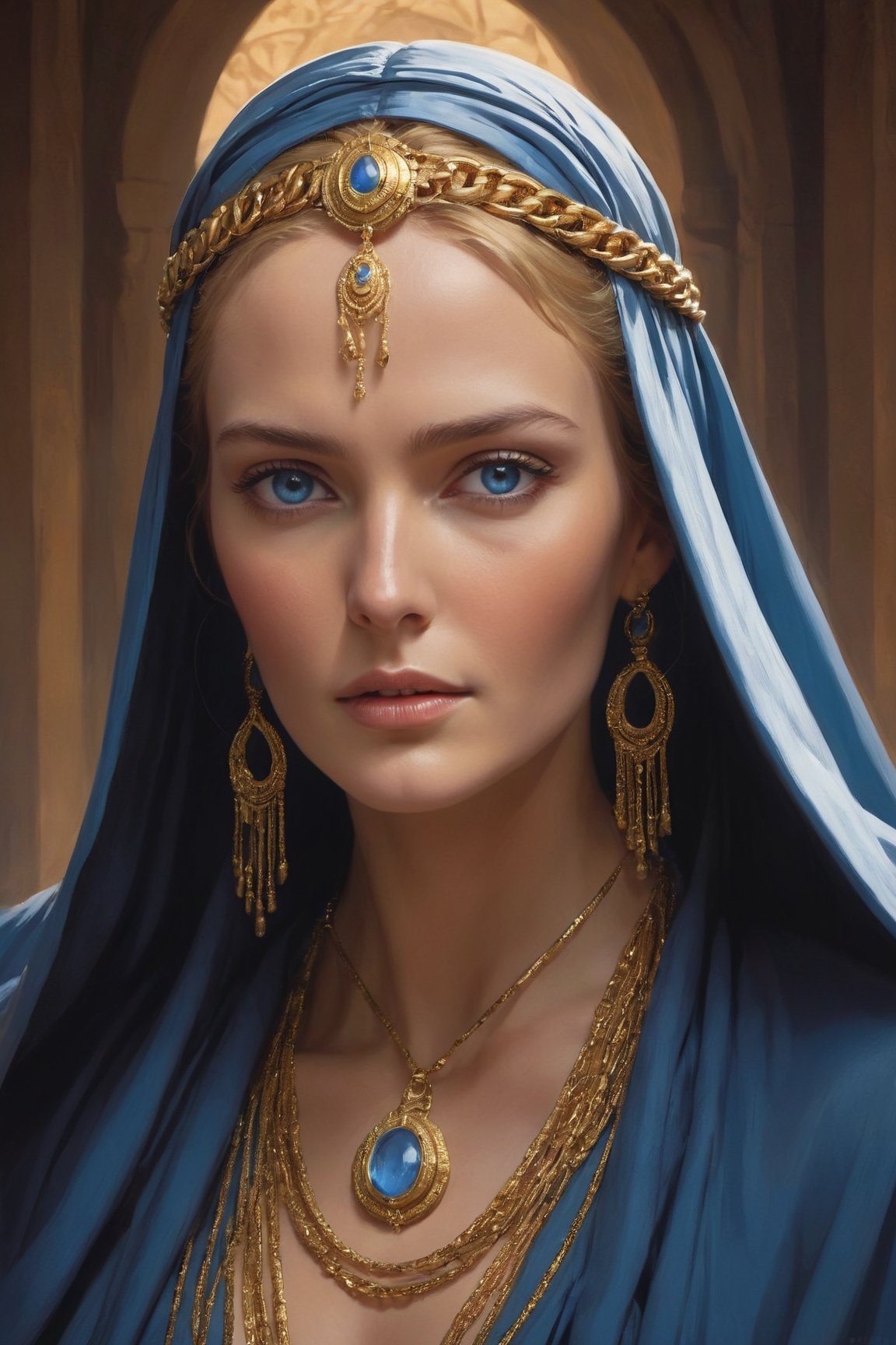 Lady Jessica, a prominent character in "Dune," is depicted as a commanding figure draped in a flowing robe, cascades from her head,Her attire symbol of her status and authority,((Gold chains wrapped around the face)),billows around her as she moves, creating an aura of grace and elegance.Her piercing blue eyes, a striking contrast against her dark robes, captivate those who meet her gaze. Behind their beauty lies a depth of wisdom and determination, reflecting her inner strength and resolve.,gold chains