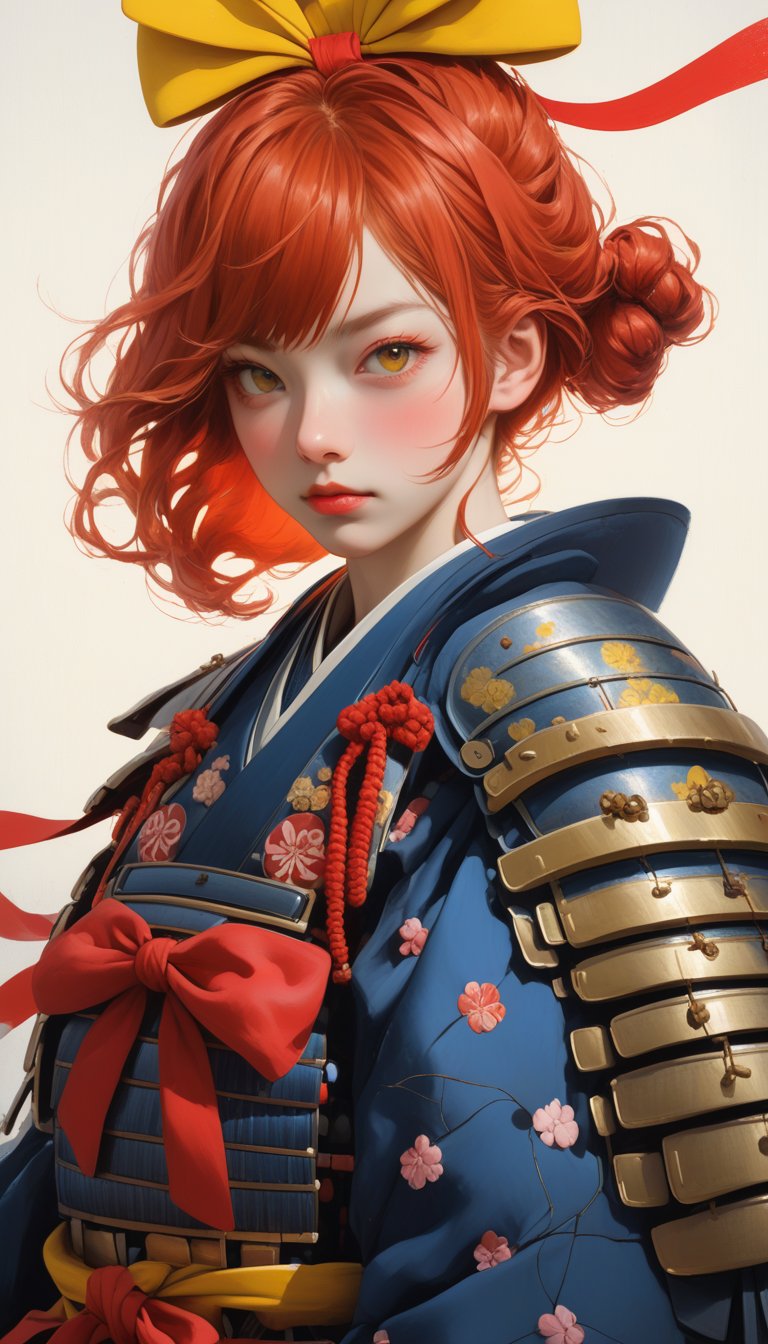 1girl,cute Face,dressed in samurai-style armor, She wears traditional Japanese armor reminiscent of a samurai,Blue coat, yellow hakama
,The design blends elegance with strength, portraying her as a warrior princess,(Large red head ribbon),
Adorning her head is with a faintly red ribbon tied, shining brightly､Her eyes reflect determination as she holds her sword with a poised stance,warrior,samurai