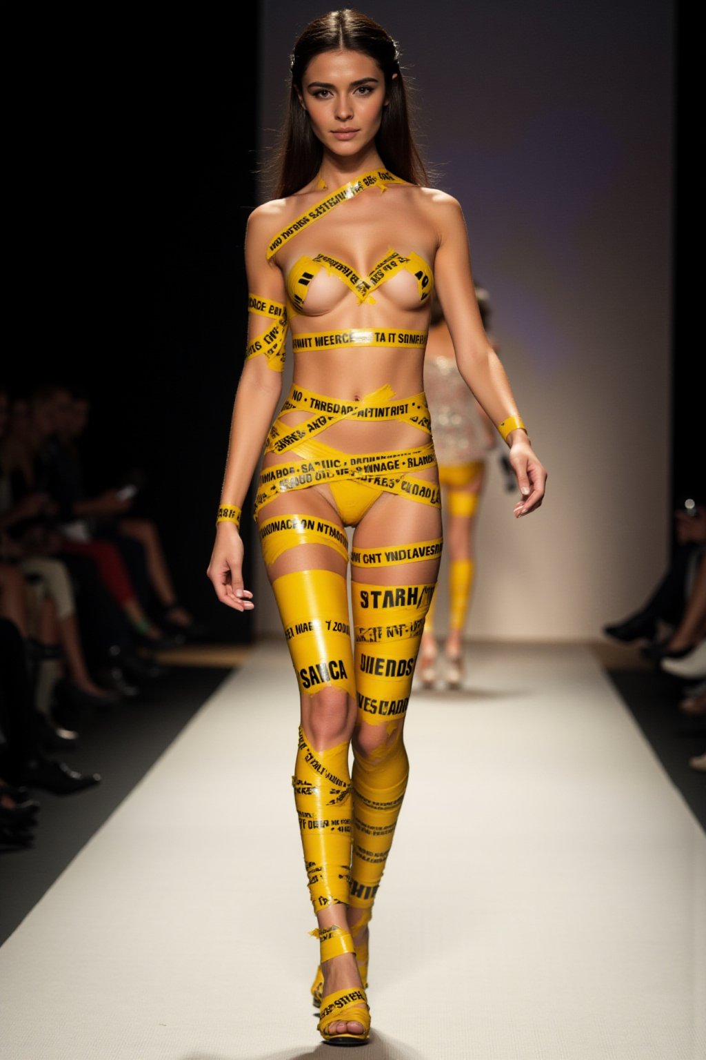 Luxury fashion show, full body aesthetic art,1girl,
body tape art,
Naked girl, walking down the runway, with yellow no trespassing tape wrapped around her body, "No Trespassing" text tape, the tape was spread only over the woman's body,sfw,
Movie Still,BlackTapeX