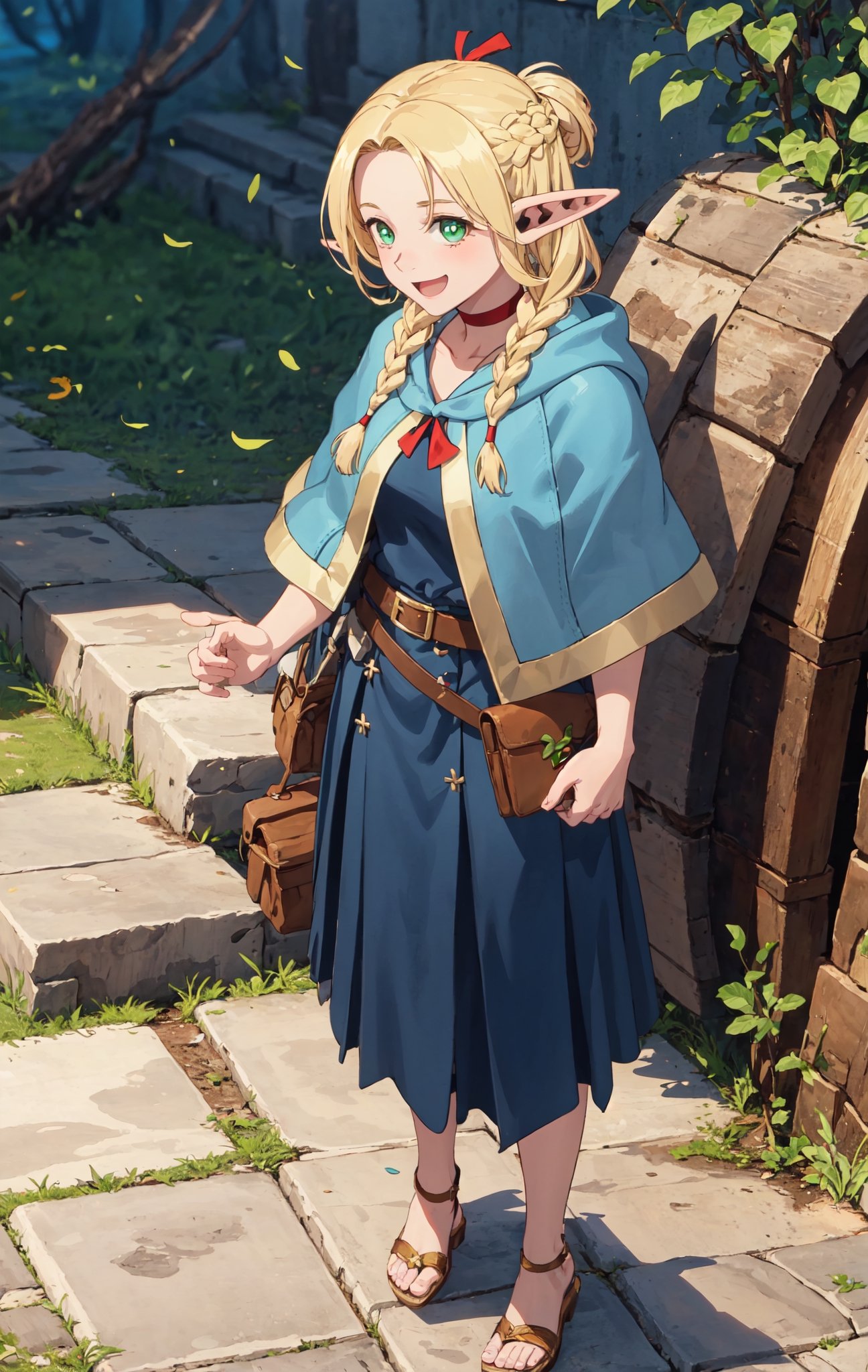 ,dmeshimarcil,robe,choker,belt,capelel,solo,portrait,masterpiece, best quality, 1 ELF girl, blonde hair, pointy elf ears, green eyes, blonde braid long hair, smile, sandals, belt, looking at viewer, fantasy dungeon background, dress, pouch, bag, capelet, robe, hair ornament, elf, blonde hair, 1girl, FFIXBG, long hair, braid, twin braids,giggling,