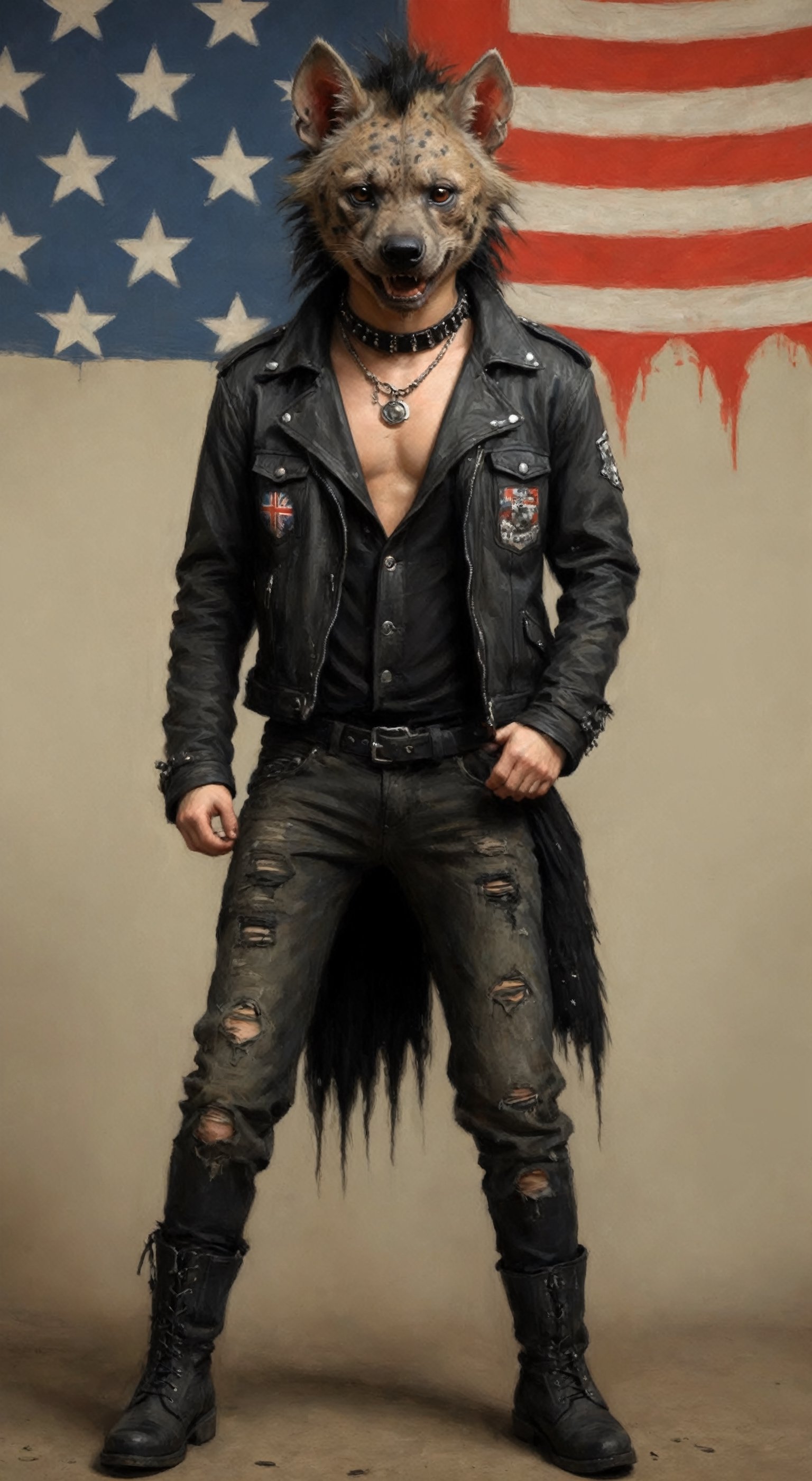 grunge texturet),cowboy shot,Male hyena sporting Gothic punk fashion, Piercings adorn its ears, and a studded collar embraces its neck,
Septum Piercing, more Coal, Ratty dreads, More patchs, Crust core, anti union flag design, dirty torn studded Spikes leather jacket, hardcore Punk Style jacket, lot Punk badge,military boots,
The hyena's fur showcases a mix of dark, edgy patterns, while a shredded, asymmetrical punk-style jacket adds a rebellious touch. Stylized spikes along its spine create a fierce silhouette, and smudged black eyeliner accentuates its untamed gaze. This hybrid of Gothic and punk elements transforms the hyena into a unique and striking symbol of alternative fashion and wild individuality,Movie Poster,artint,oil painting,hmnzct,GothEmoGirl