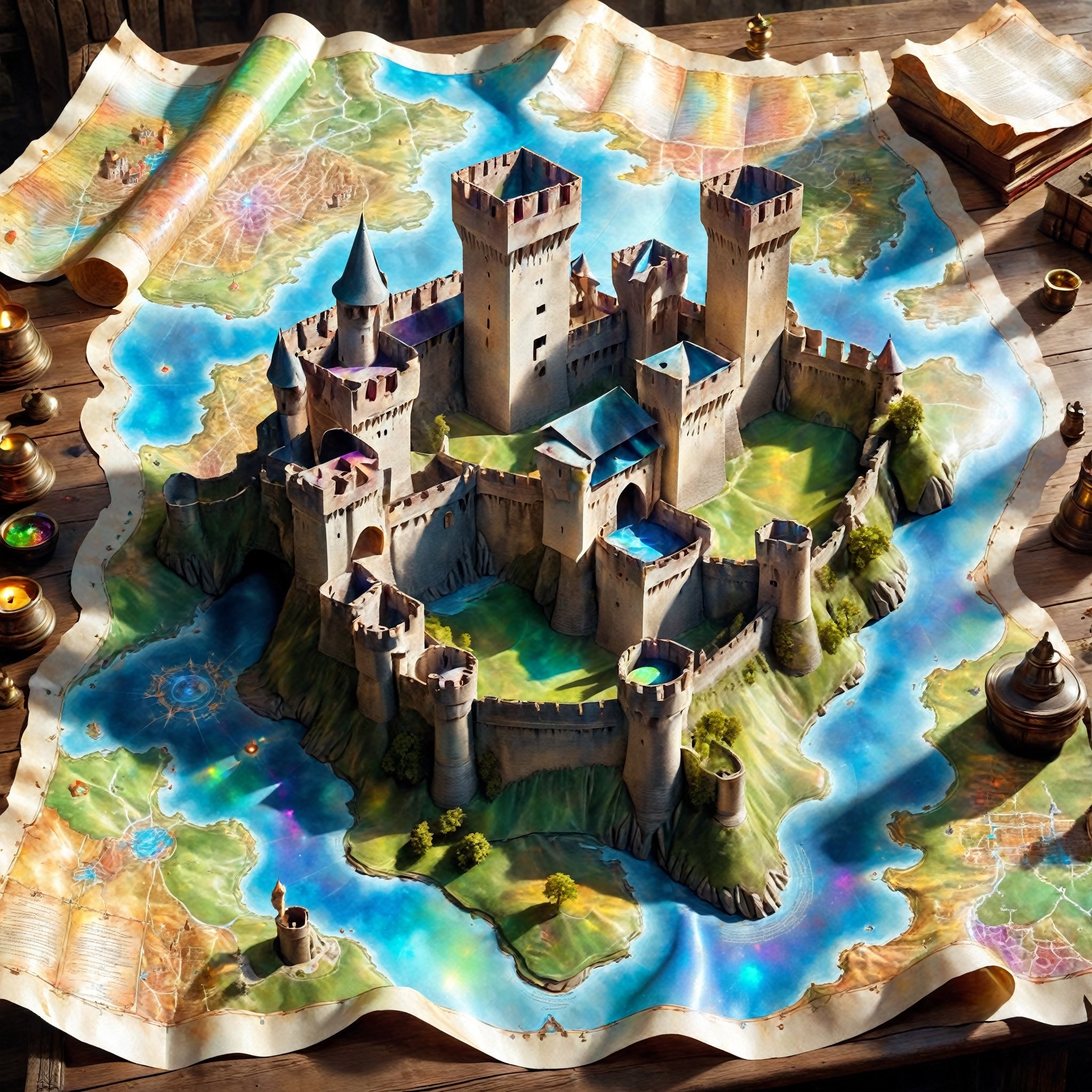 Magic Parchment,Top view of holographic magic map (3-D), Fénis Castle, Italy, three-dimensional depiction, emerging from a magic map, majestic fortifications, towering ramparts, double battlements, towers, intricate architecture, courtyard in the center of the keep, enchanting views of the Italian countryside, the map is lifted from paper It appears to float and sit on a wizard's desk. magic multicolor ink, high quality, imagination, 8K, fantasy art, vivid magical colors, style painting magic, map, itacstl