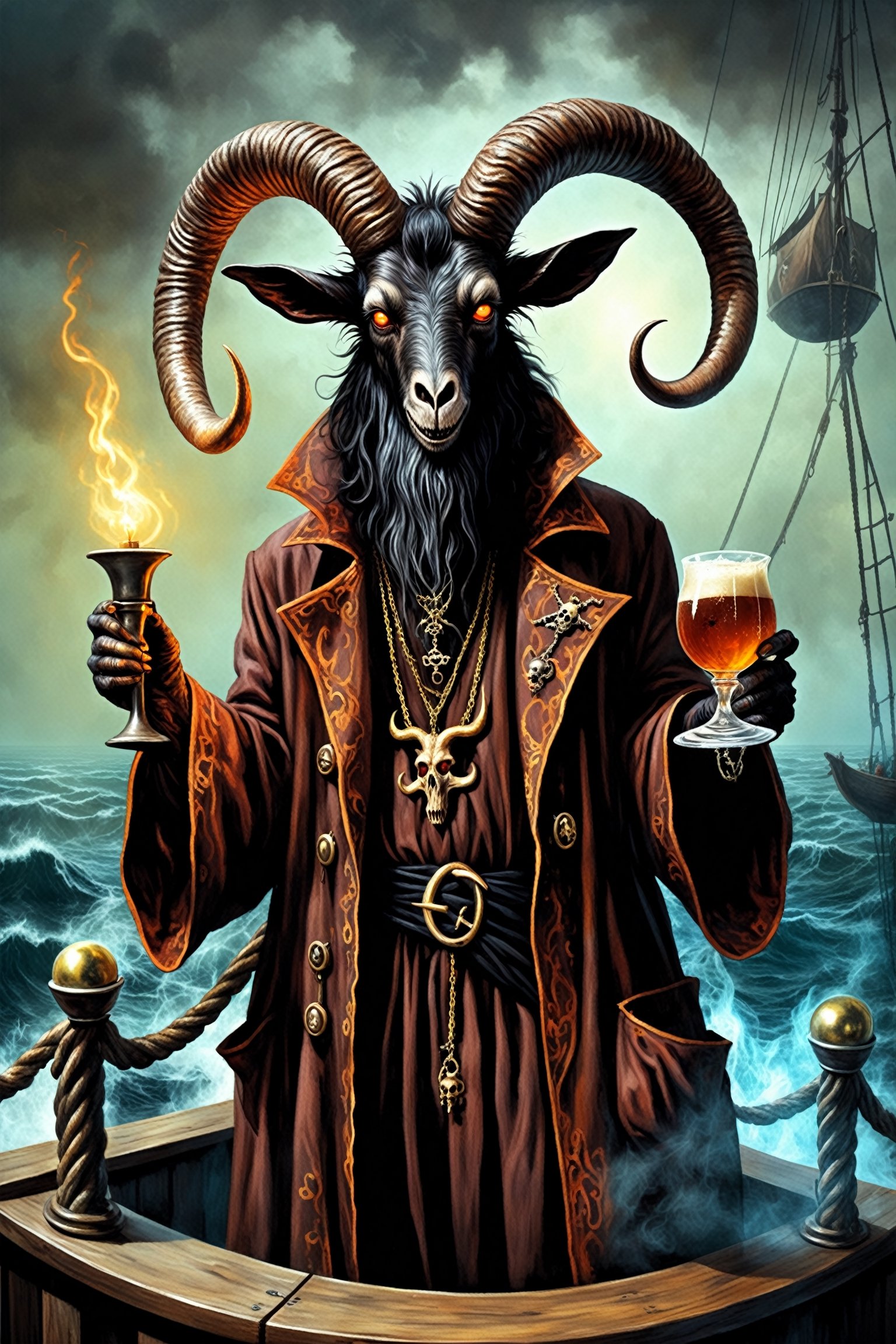 1 man,cool monster,
Baphomet, a demonic being, black goat head demon, a demon dressed as a pirate, a pentagram painted on it and a tattered coat, exuding a sinister mystery, with glowing eyes and a twisted smile, Baphomet holds a chalice filled with an otherworldly brew. Prowling the deck of a bewitched ship, Baphomet embodies the sinister allure of the pirate and his eternal hunger for souls..,LegendDarkFantasy,pirate,monster, in the style of esao andrews