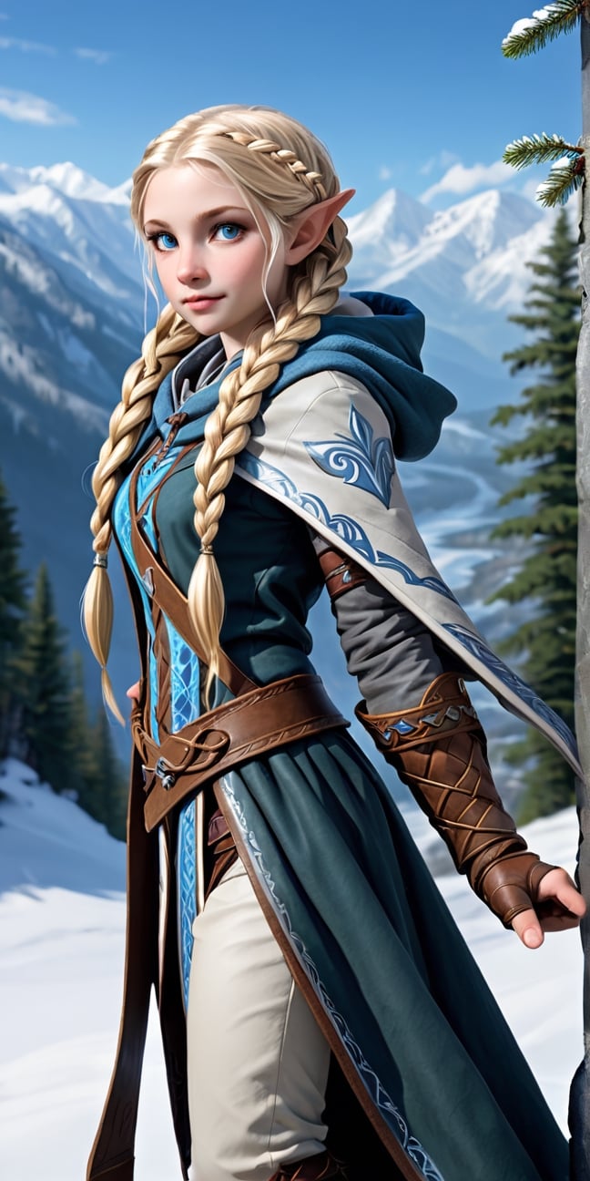 Extreme detailed,ultra Realistic,
beautiful young ELF lady shining blonde hair, long elvish braid, side braid, blue-grey eyes,elf ears,(carries a beautiful hawk on arm:1.2),
Wearing leather tunic, hooded cloak, animal fur hood, intricate clothing, animal fur clothing, dark clothing, waistband, scarf, soft smile, bending posture, looking into the distance, 
snowy mountain scenery, overlooking valley, river, white clouds, seen from behind,ol1v1adunne