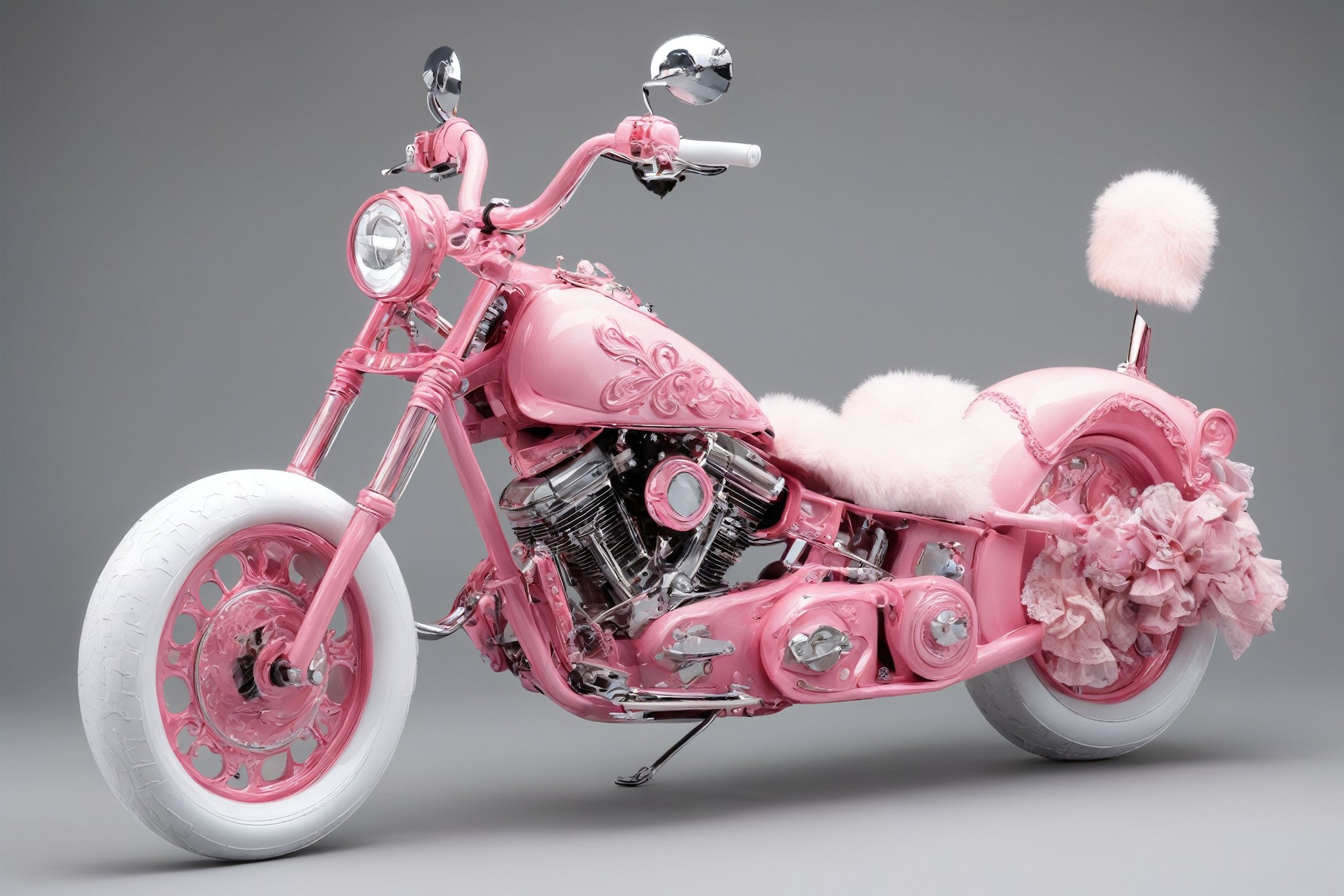 Imagine a chopper bike styled in pink Lolita fashion. The bike's frame is painted a soft pastel pink, adorned with intricate white lace patterns and floral decals. The seat is upholstered in plush pink fabric with frilly lace trim, adding a touch of elegance. Handlebars feature delicate ribbons and small bows, while the wheels have heart-shaped spokes. The bike's overall design combines the ruggedness of a chopper with the whimsical, fancy elements of Lolita fashion, creating a unique and eye-catching ride.