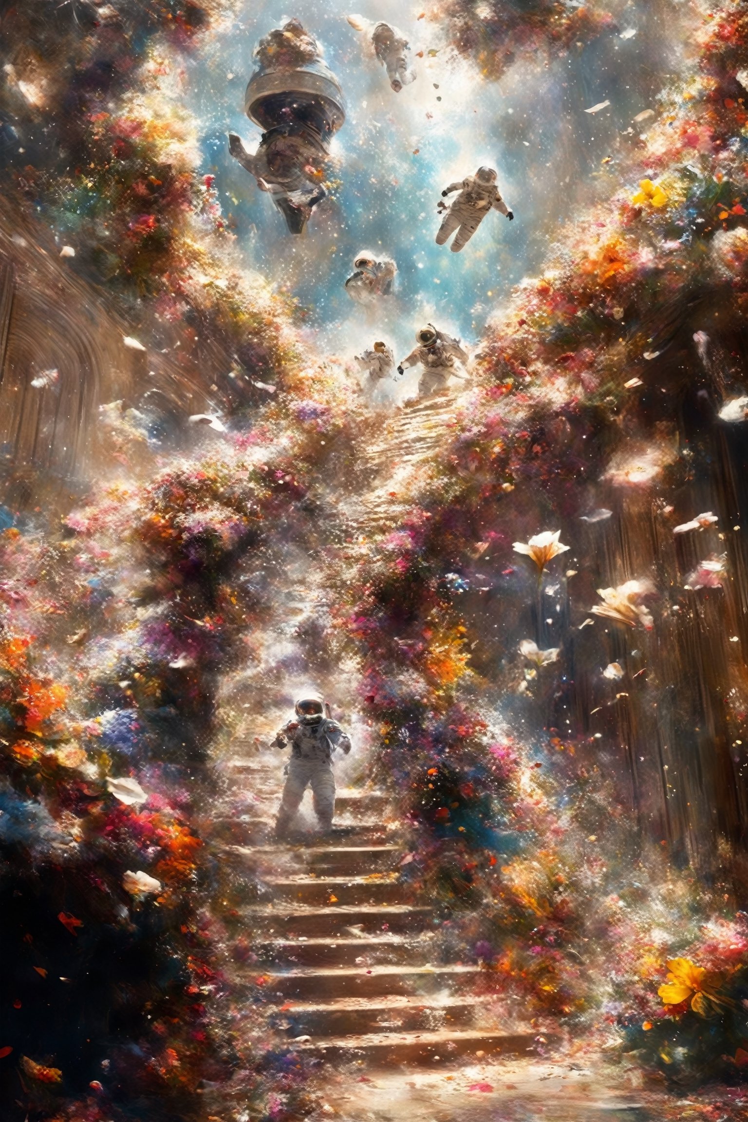 1 man,Astronauts surrounded by flowers, Colorful flowers falling like a waterfall, a flood of petals, astronauts landing on a flower star,staircase,astronaut_flowers