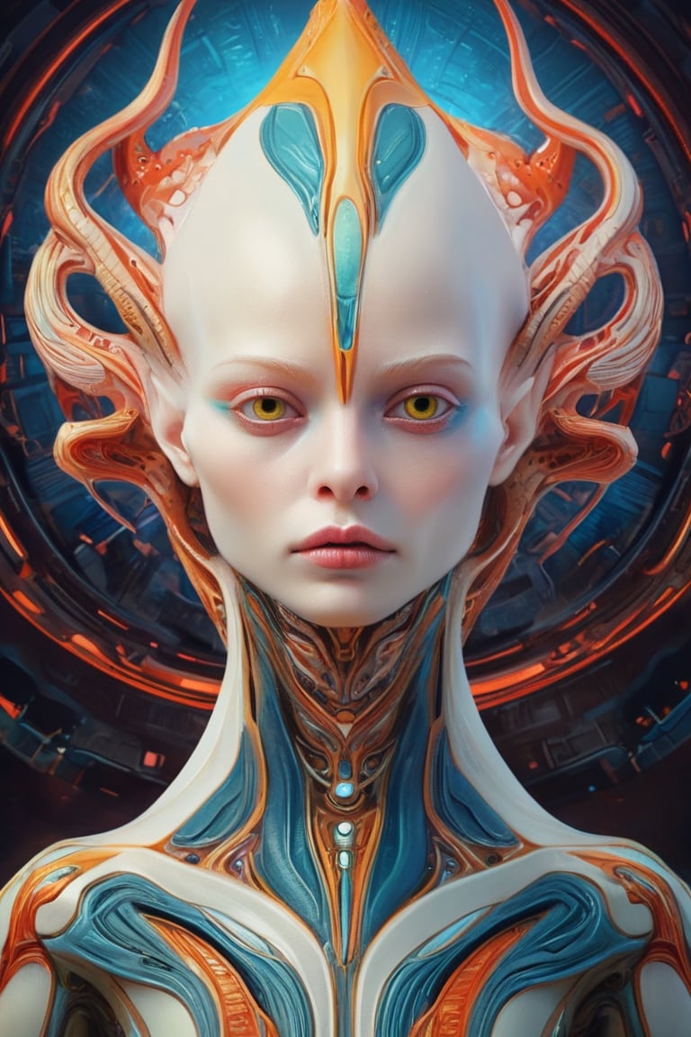 alien art and illustration,albino alien girl, in the style of balanced symmetry, detailed facial features, meticulous portraiture, complex patterns, colorful, surreal, sharp focus, set background, incredible fine detail, very coherent, cinematic, stunning composition, unique, epic, great artistic, perfect light, attractive, elegant, delicate, highly elaborate, vibrant color, ambient atmosphere, inspired, rich deep,Young Girl,DonMP4ste11F41ryT4l3XL,futuristic alien