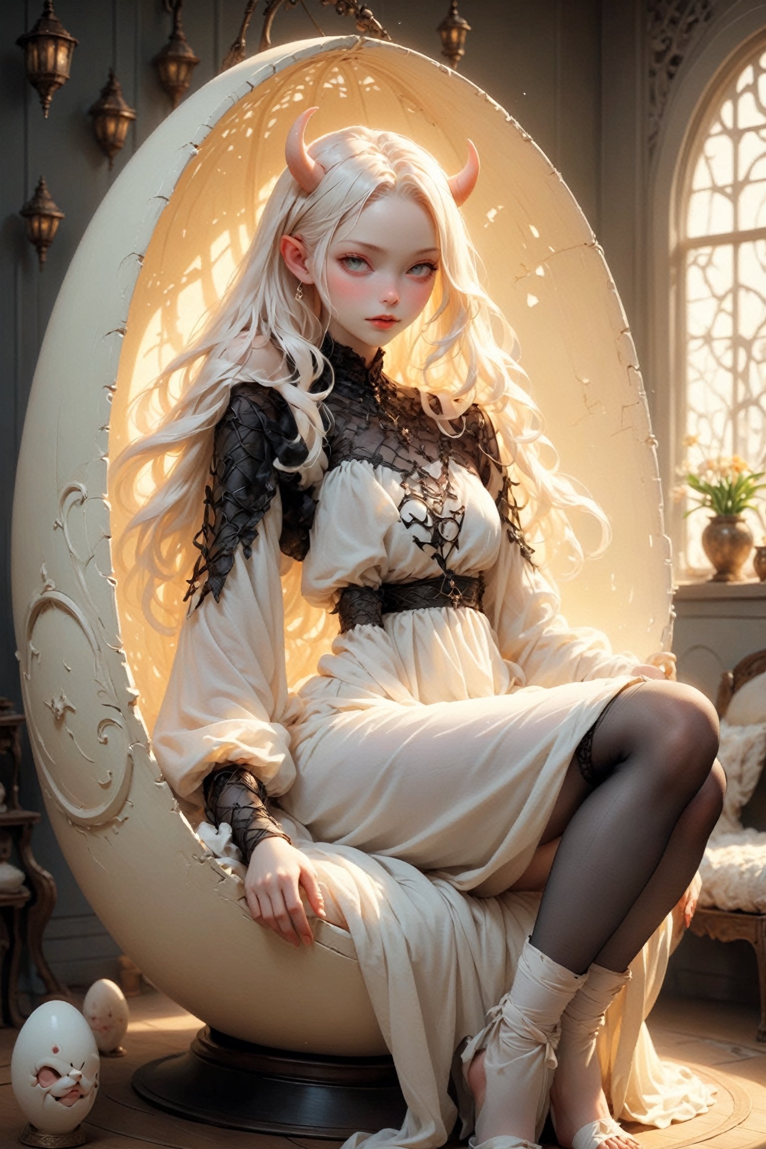 (Egg-shaped cradle:1.2),
albino demon girl,lounging in an egg-shaped cradle, Her slender figure reclines comfortably within the smooth, curved interior, surrounded by the warmth and security of the eggshell,peaceful expression, she appears serene and content, her pale skin glowing softly in the gentle light,albedo,Christmas Fantasy World,ct-niji2