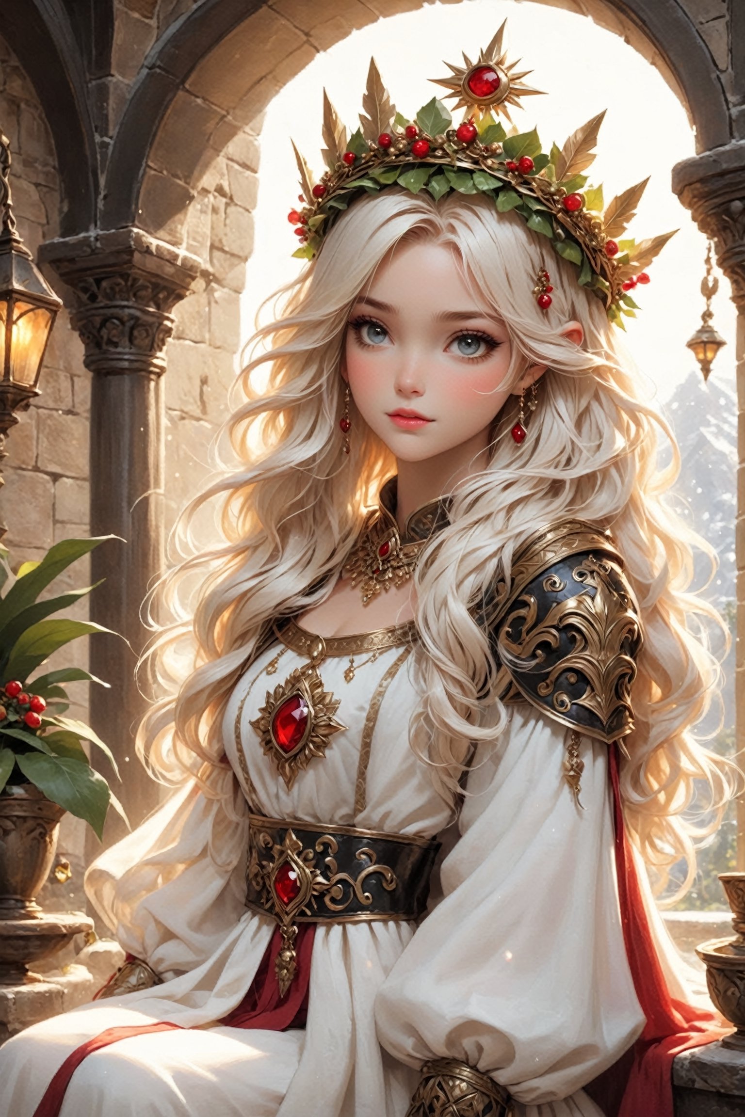 1Little girl, little queen,Wearing elegant blouse, (Sun Goddess Spiked Halo crown :1.2) ,
luxurious hotel, where girl reclines with supernatural elegance,Her alabaster skin and flowing hair contrast beautifully, while her crimson eyes exude mystery. Adorned in elegant attire, 
medieval inn with fantasy themes, featuring a fortress-like exterior adorned with ancient crests. Inside, a courtyard with gardens and a fountain welcomes guests, while the common room boasts a cozy fireplace and tapestries depicting mythical adventures,
,ct-niji2,w1nter res0rt,Christmas Fantasy World