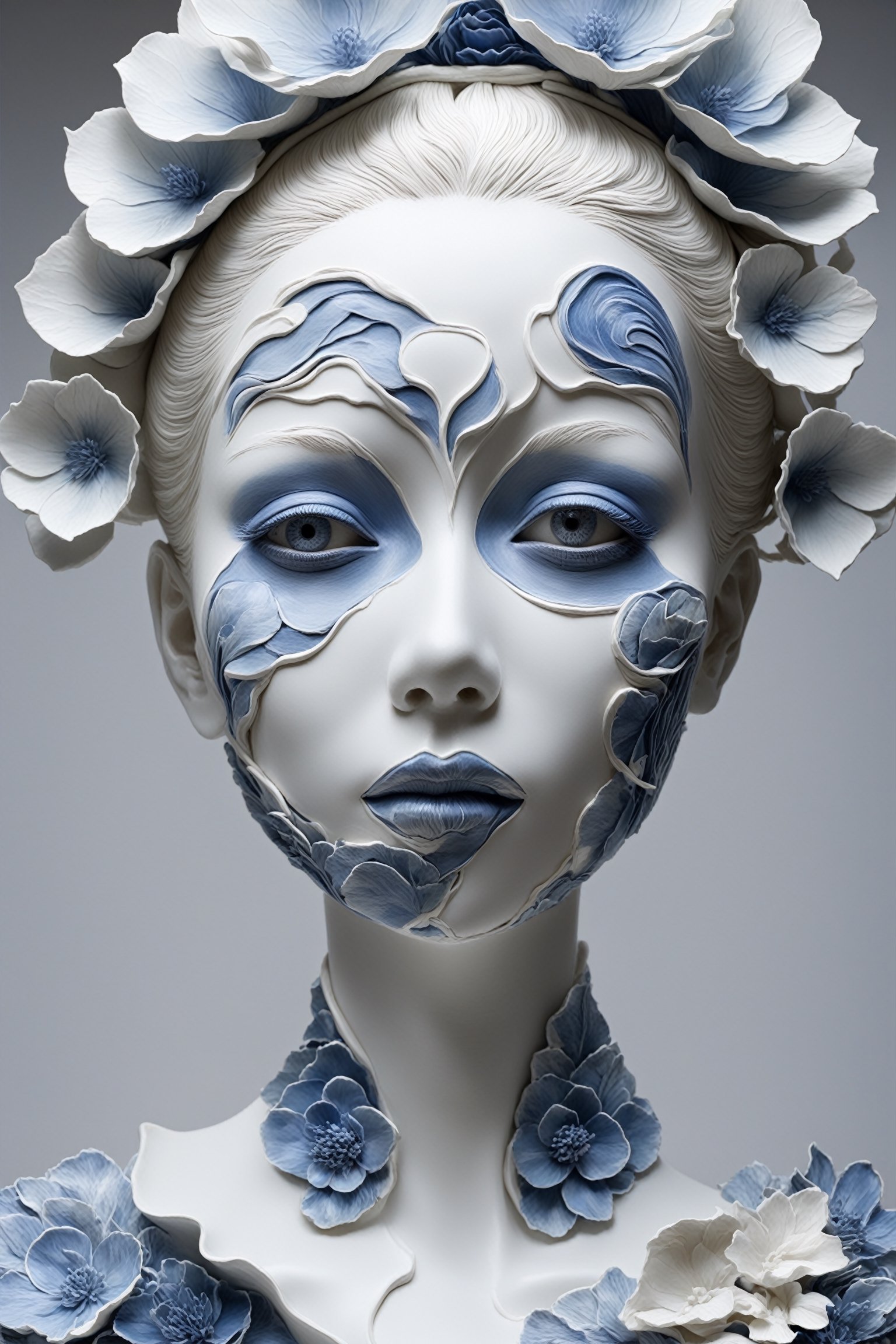 a woman made out of porcelain, white and blue, detailed facial features, organic forms, meticulous,makima