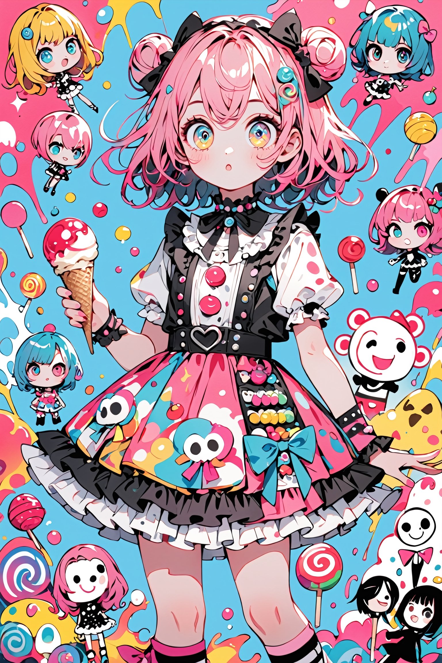 children's doodle style,
Colorful pop art, candy pop, lollipop punk, brightly colored berry beans, emo pink lolita girl,big Eyes,A dress made of jelly and ice cream,
 maximalism design,emo,dal-6 style,Color Splash,dramaticwatercolor,aihoshinopose