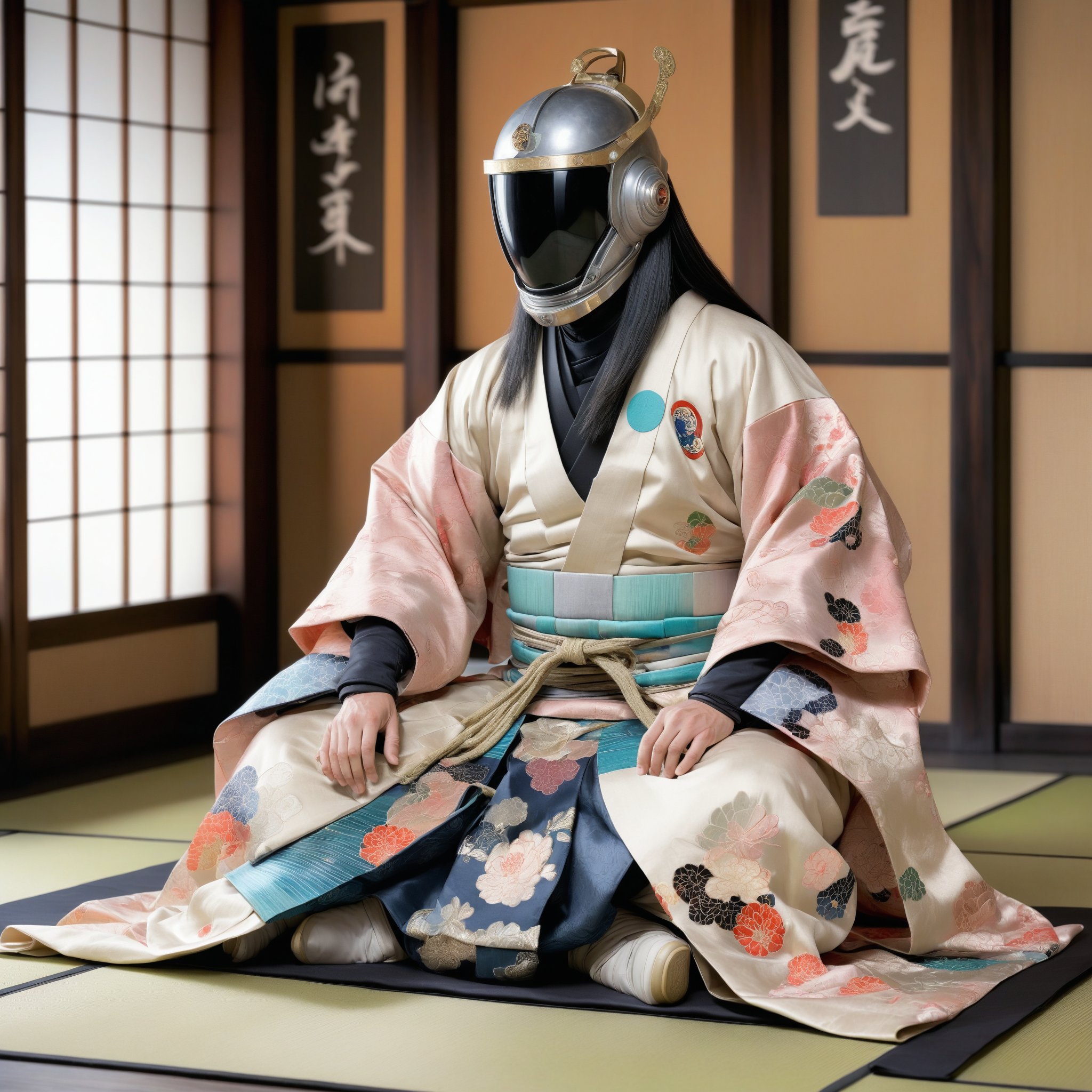 1man,Heian era nobleman sitting cross-legged on tatami floor, wearing an astronaut helmet. Elegant, multilayered kimono in vibrant colors and intricate patterns. Traditional wide hakama trousers spread around him. Long black hair flowing from beneath the modern space helmet. Pale, refined features visible through helmet visor. Hands resting gently on knees in meditative pose. Traditional folding fan and writing brush beside him. Background of classic Heian period interior: wooden pillars, painted screens, soft light filtering through paper windows. Surreal juxtaposition of ancient Japanese elegance and futuristic space technology,astronaut_flowers,,ParallelObserver