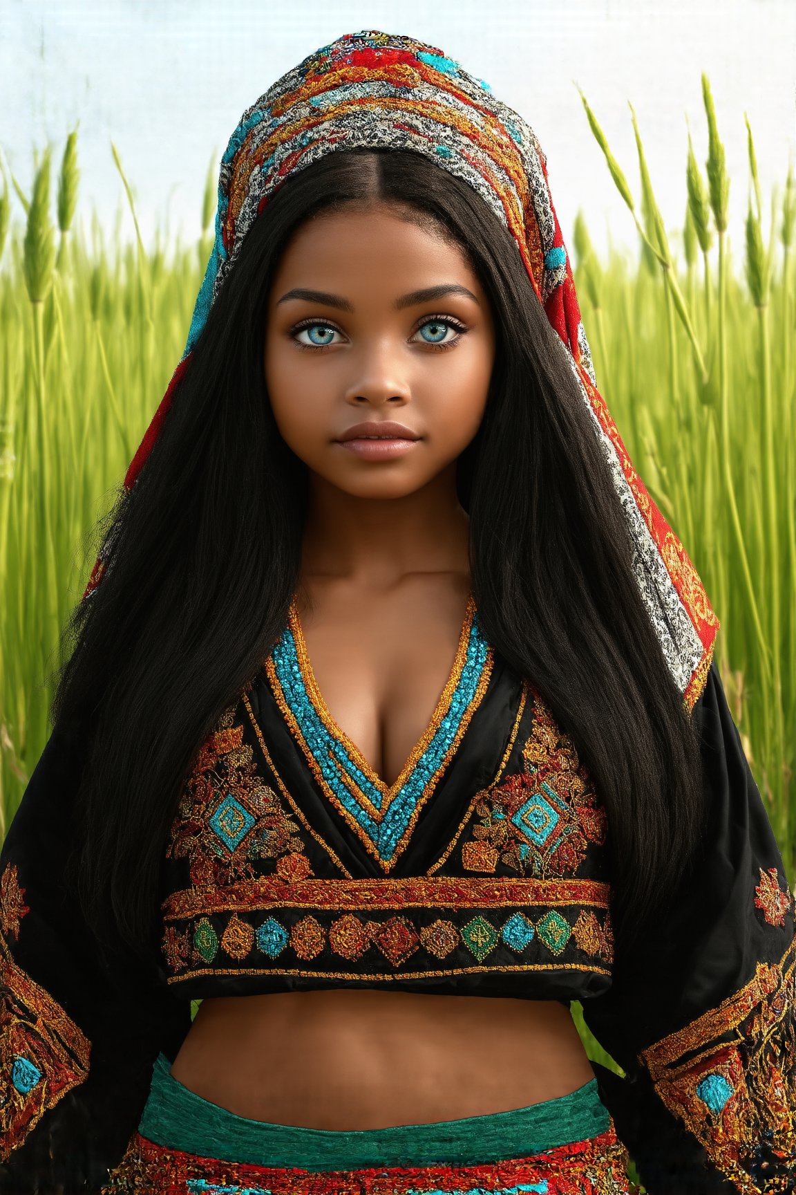 Super detailed, super realistic,beautiful african girl,Curvy body,
She wears old folk costume, long straight black hair,
colorful maria-veil on head,Yakuts folk costume of Siberian minority, beautiful crystal blue eyes, almond eyes, Slouching position, cleavage,intricate textile decorated with colorful and intricate geometric patterns,  decorative embroidery, clothes in earth colors such as black, red and green,beautiful reed meadow landscape,Realistic Enhance,rebdmsd3