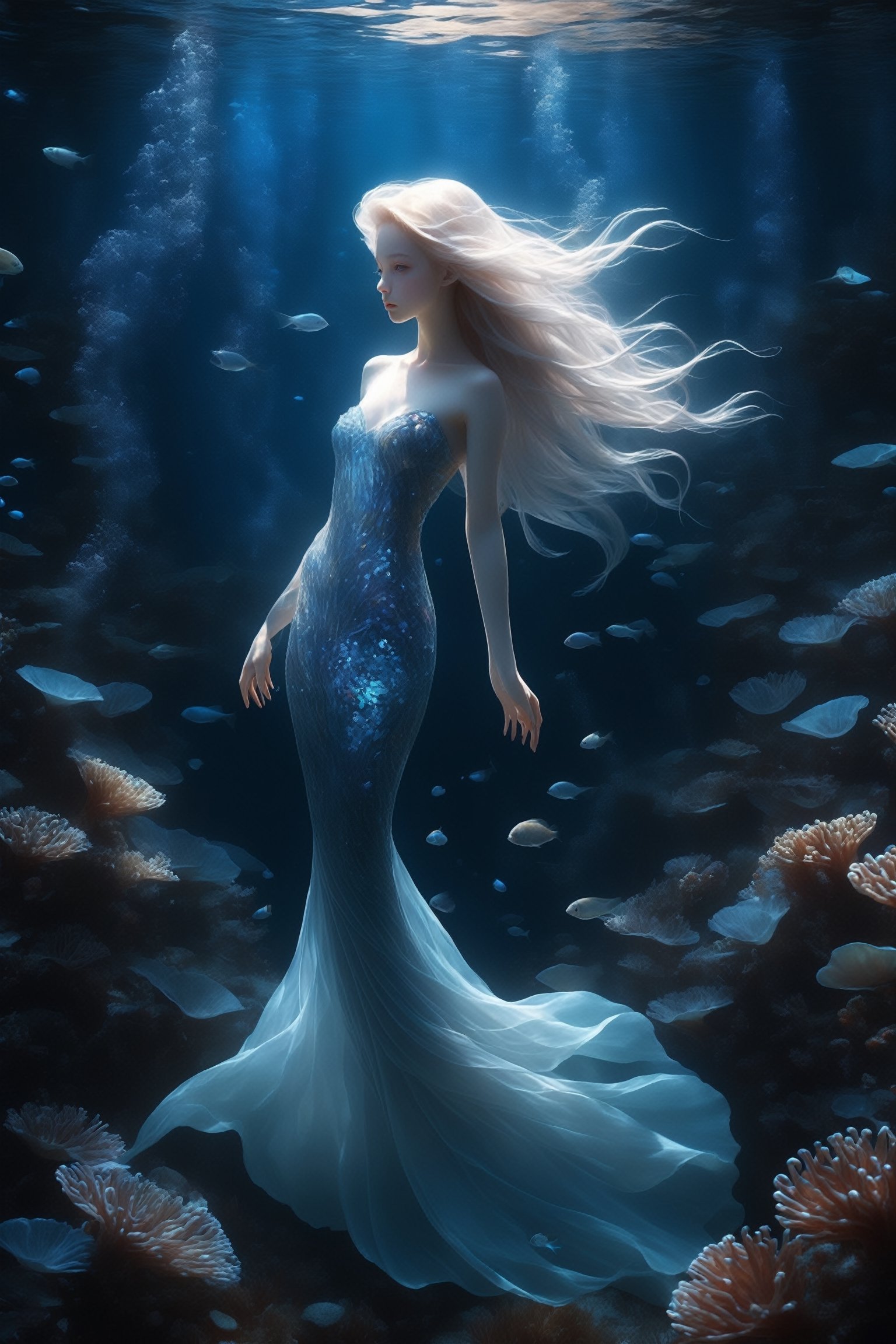 1 girl,In the depths of the ocean, a delicate and ethereal albino mermaid glides gracefully through the azure waters. Her translucent fins shimmer with iridescence as she navigates through a forest of sea anemones, their vibrant tentacles swaying like blossoms in the gentle current. Despite her otherworldly beauty, there's a sense of melancholy about her, as if she's forever searching for something just beyond her reach in the endless expanse of the sea.,underwater