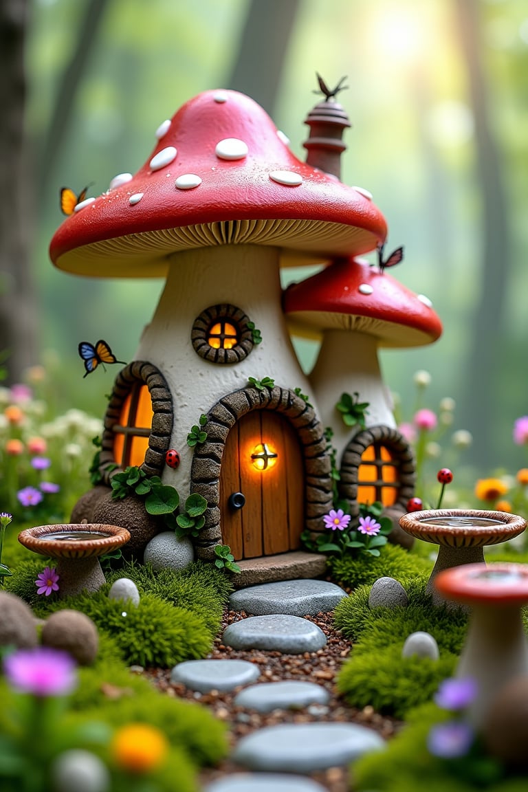 A mushroom-shaped fairy house, a whimsical miniature village, lush vegetation, small windows and doors, thatched roofs, bright wildflowers, mossy stones, fairy lights, mushroom rings, butterflies and ladybugs, miniatures gardening tools, bird baths in acorn hats, dew on leaves, soft morning mist, sunlight filtering through the trees, pastel color palettes, enchanting forest backgrounds, intricate botanical details,