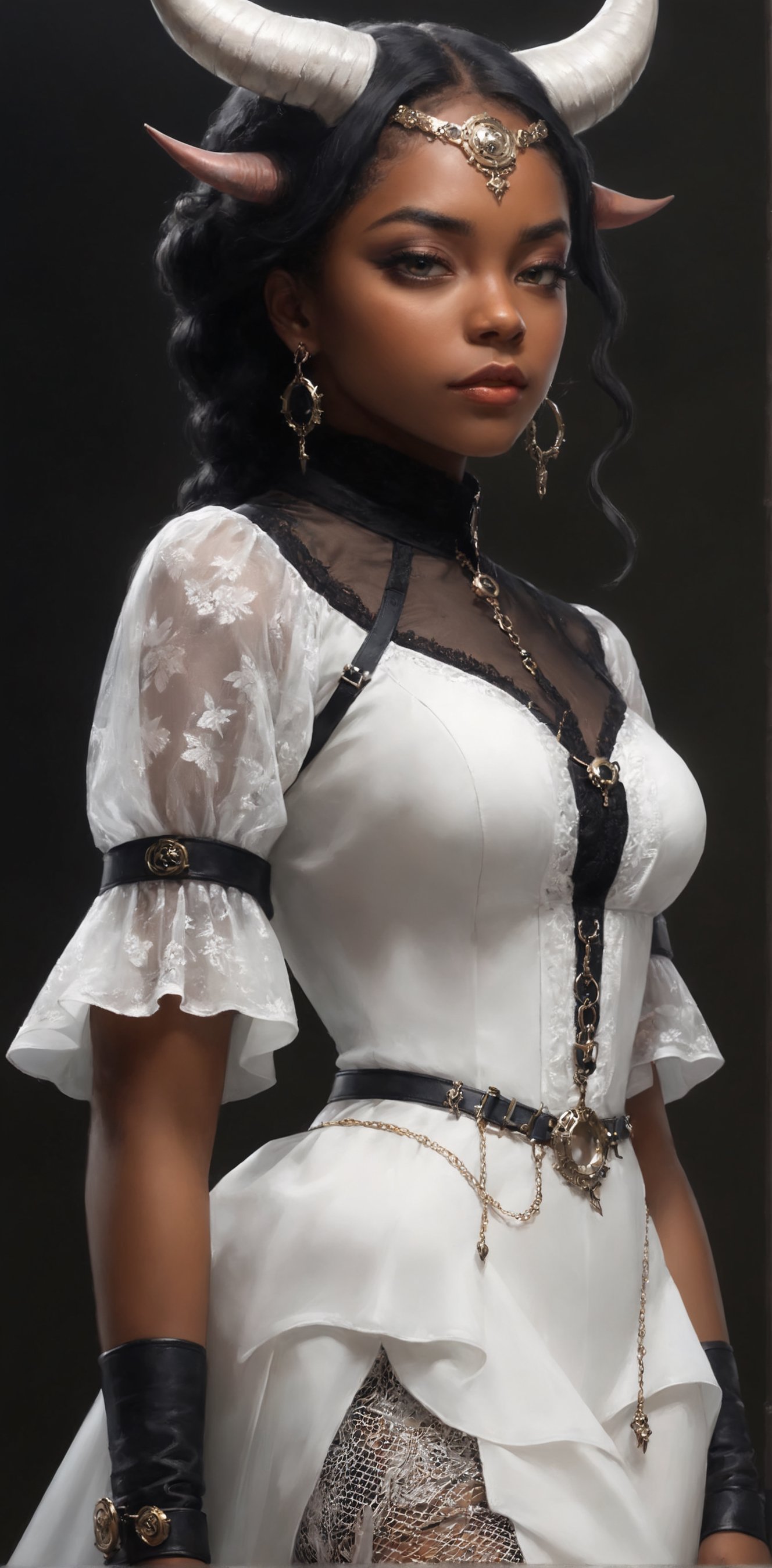 1 girl, (melanism), melanism demon girl,black skin,
,(((pitch black slit pupil eyes)),mesh fishnet blouse, (long intricate horns),Incredibly beautiful looks,
best quality, highest quality, extremely detailed CG unity 8k wallpaper, detailed and intricate, 
,steampunk style,Glass Elements